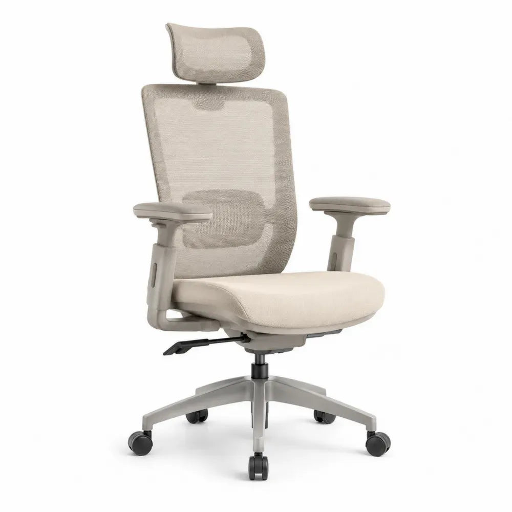 Bürostuhl mit Kopfstütze und Armlehnen 66 x 66 x 115 bis 130 cm Polyester Netzbezug Polyamid Fußkreuz Beige Grau Schwarz