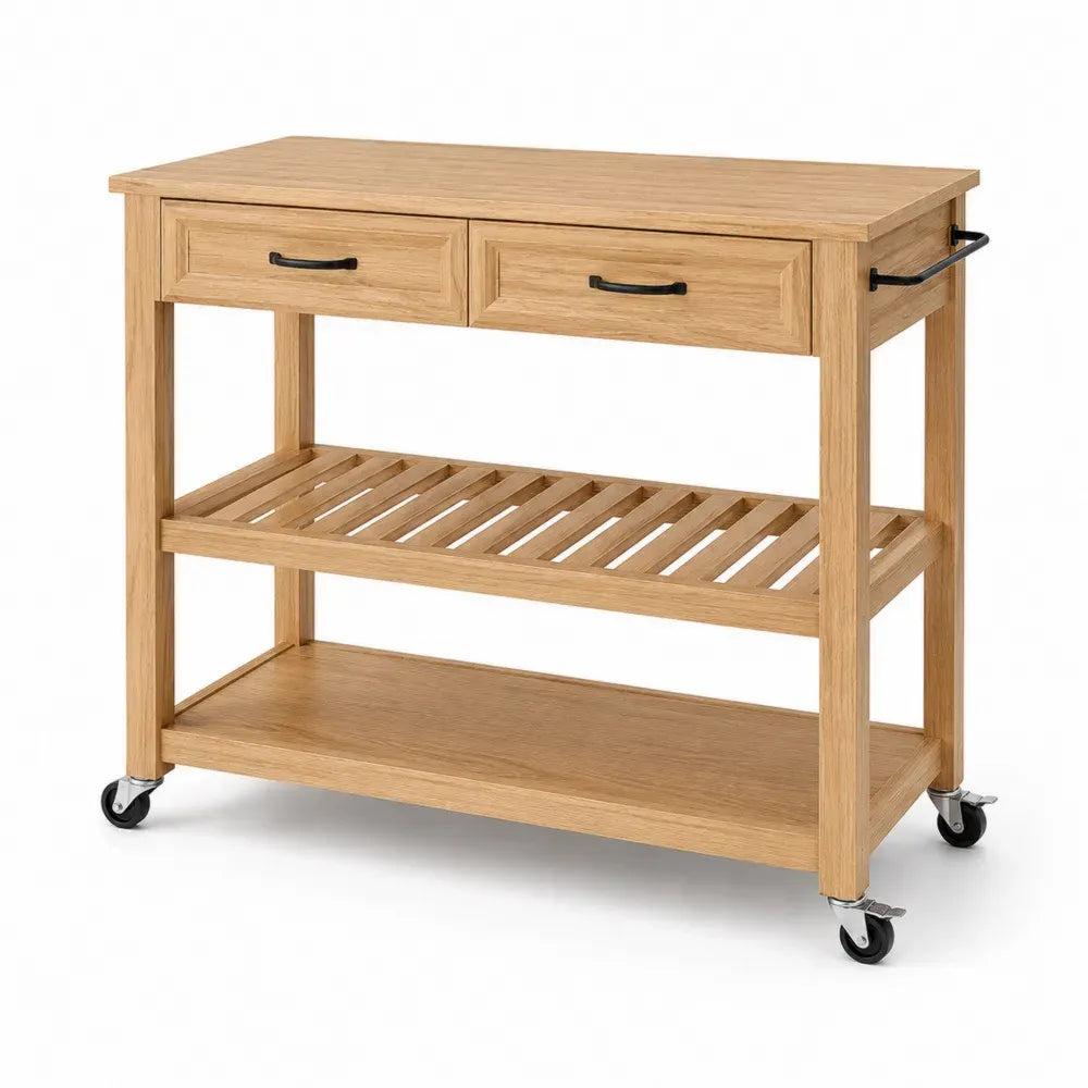 Küchenwagen Rollwagen 90 x 45 x 90 cm Bambus-Leimholz rechteckig Naturholz Schwarz Silberfarben mit 2 Schubladen