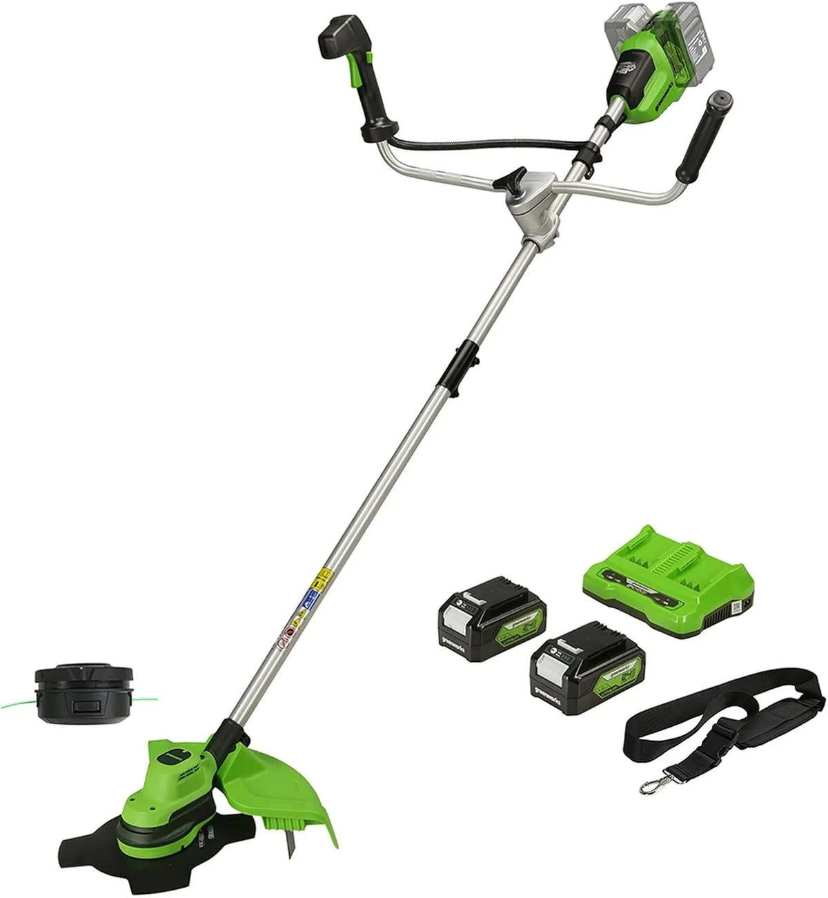Greenworks Modell GD24X2BCBK4x, 2 mm Nylonfäden, Akku Freischneider mit bürstenlosem Motor, Spannung 24V x 2, 4Ah Akkus und Ladegerät, Geschirr