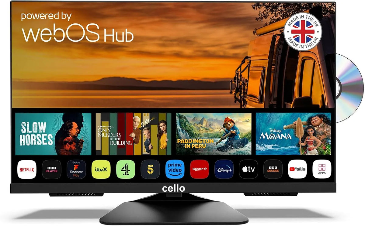 LG Modell C2425WSF, Cello Trav 24' 230V 12V Full HD SMART, 2025, DVD Camping Reise TV integrierter DVD Player Rahmenlos Triple Tuner Bluetooth WebOS