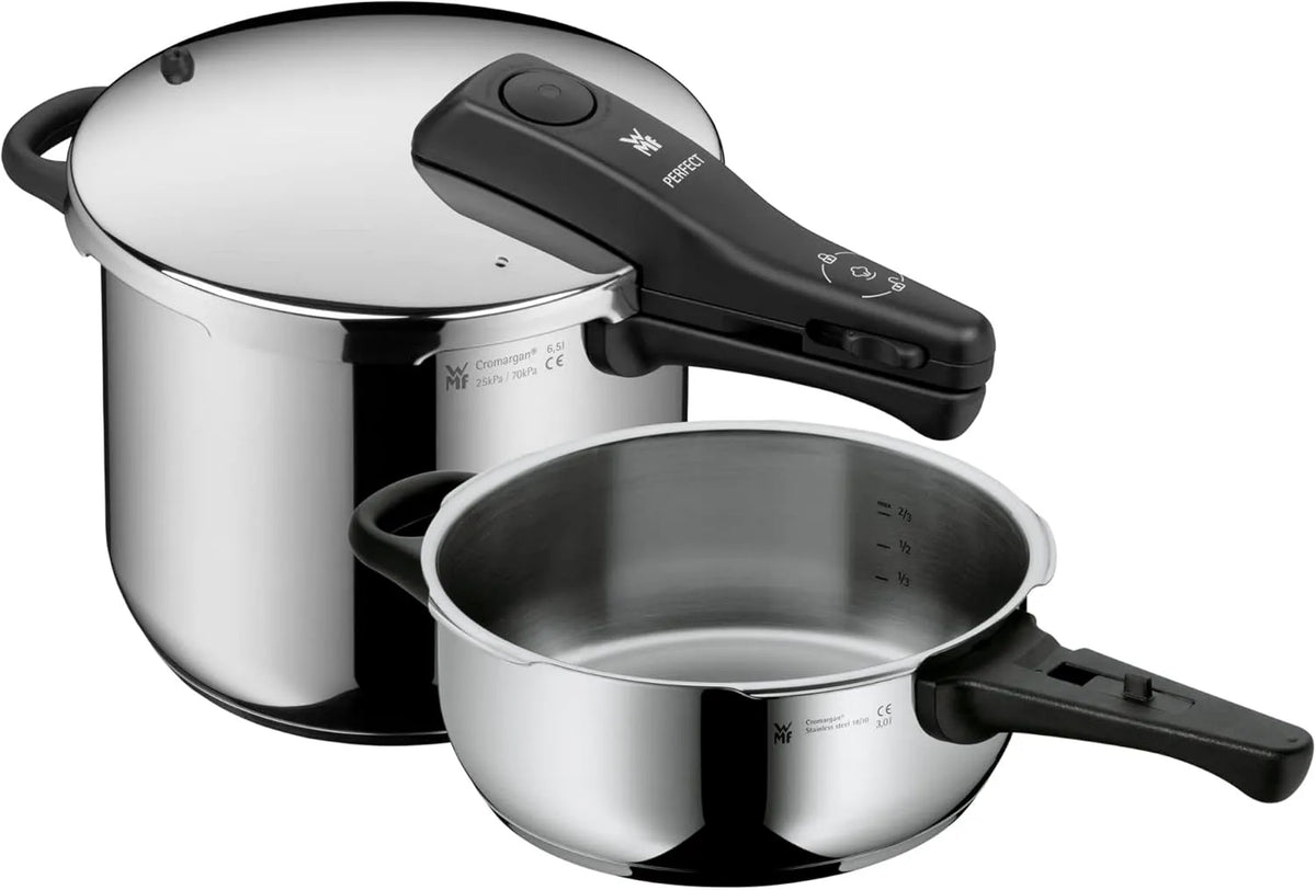 WMF Perfect One Pot Schnellkochtopf Set Induktion 2-teilig, Dampfkochtopf 6,5l, Fassungsvermögen 3l, 2 Kochstufen, großes Kochsignal, Edelstahl