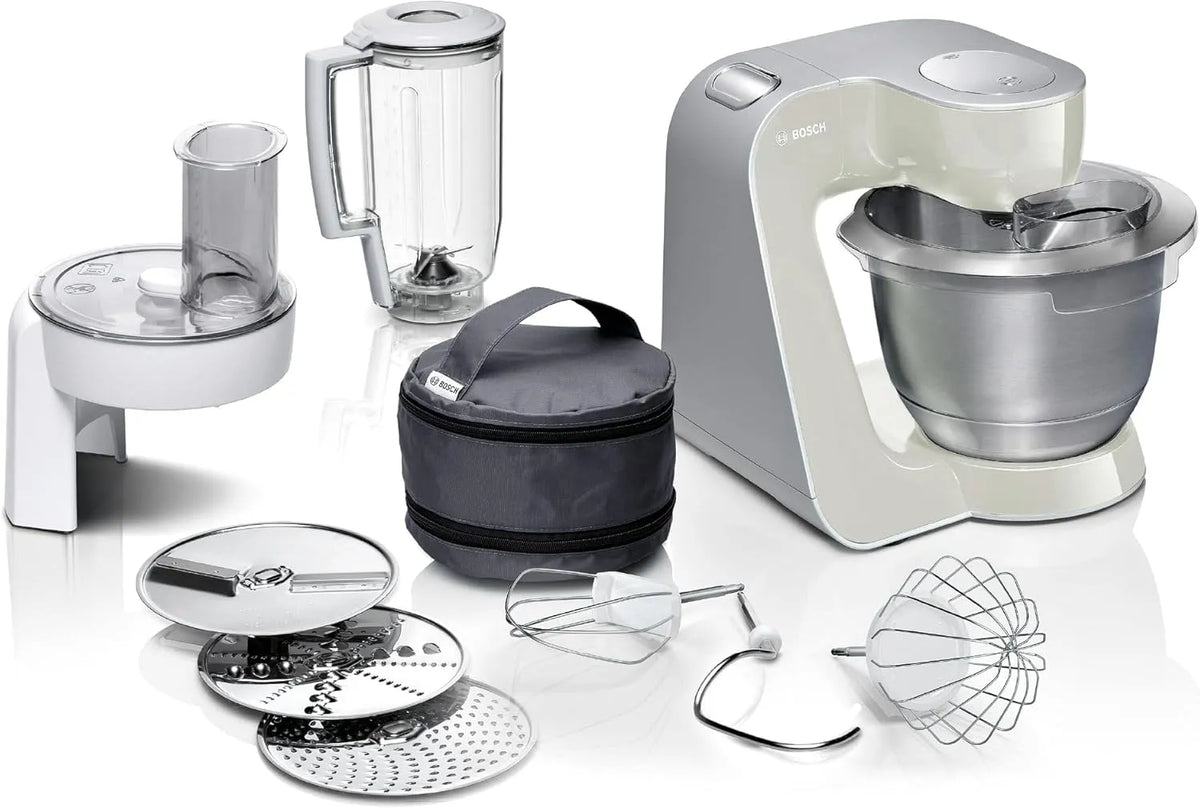 Bosch Küchenmaschine MUM58L20, Serie 4, Edelstahl-Schüssel 3,9 L, Mixer 1,25 L, Leistung 1000 W, 3 Scheiben, Knethaken, spülmaschinenfest, Farbe Grau