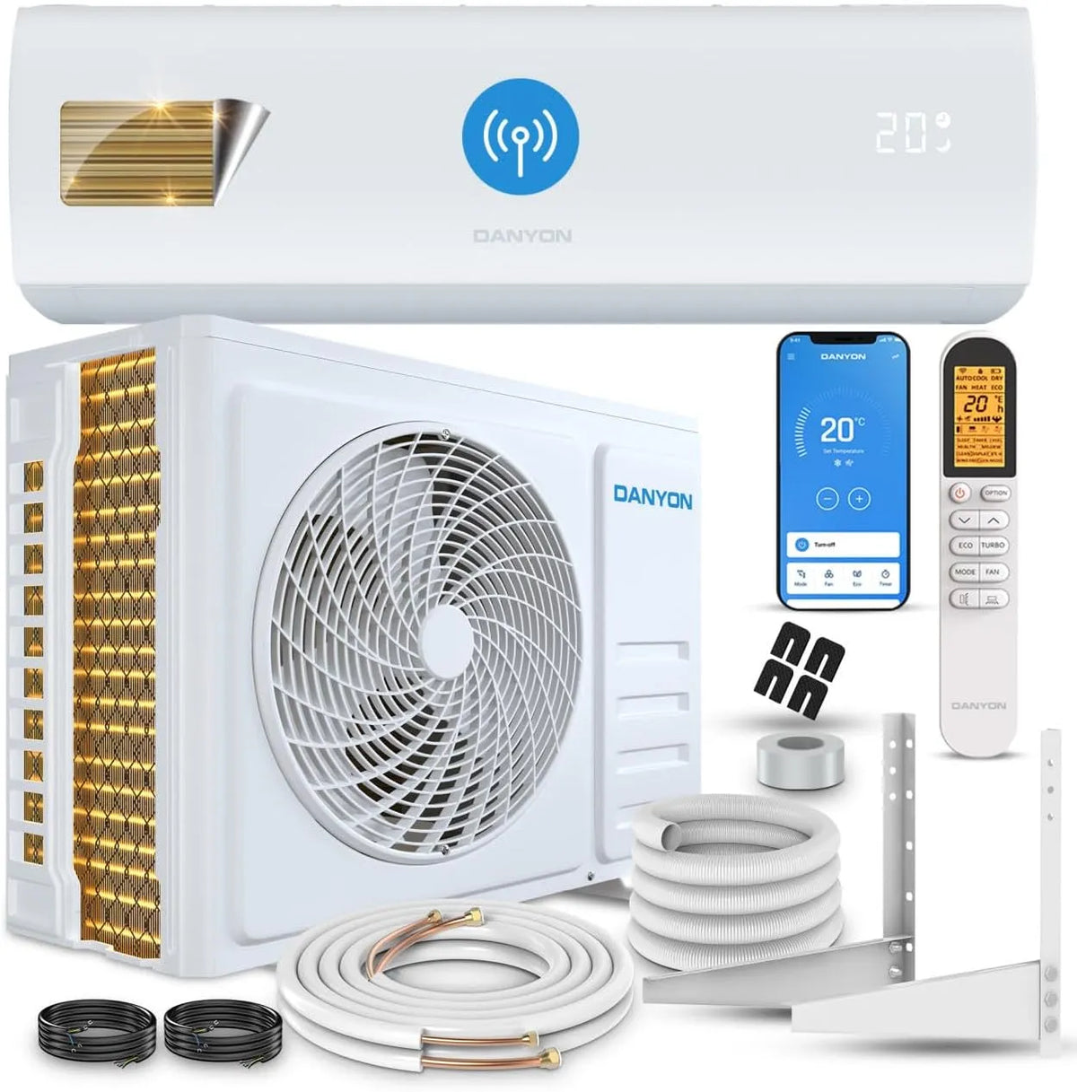 Klimaanlage Danyon, Leistung 3,4 kW, bis 59 m2, 5m Komplettset, Smart Home, leise, Timer, 12000 BTU, Splitgerät vorgefüllt mit R32 Kältemittel