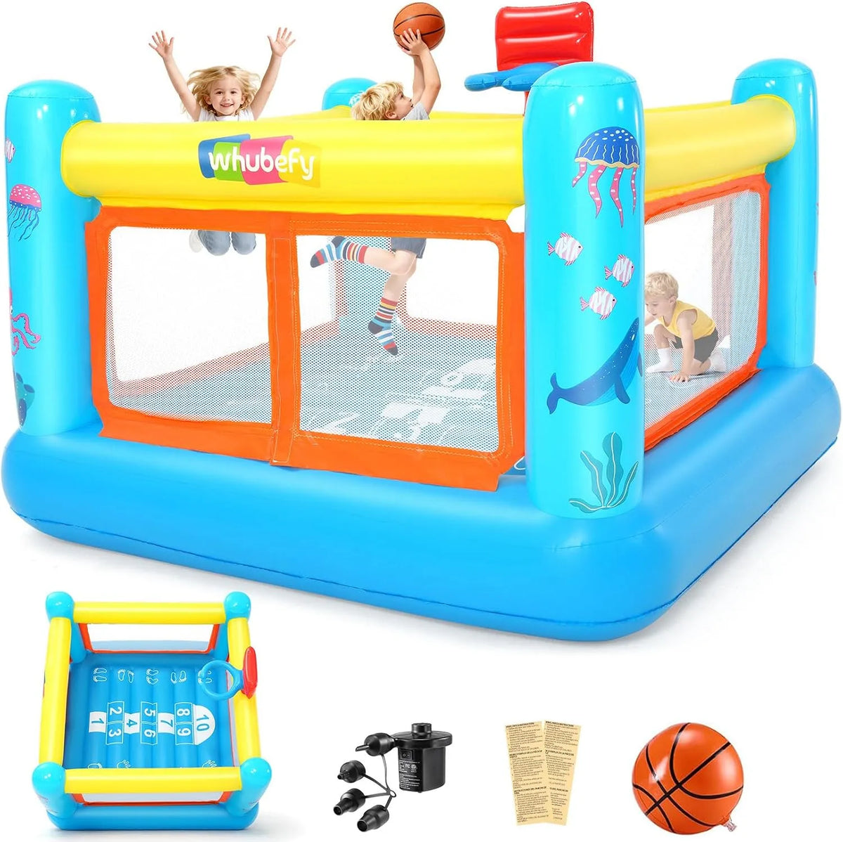 Hüpfburg 172x172x128cm,Aufblasbare PVC Hüpfburg für Kinder von 3-6 Jahren AKEYDIY Aufblasbare, für drinnen und draußen, Spielplan
