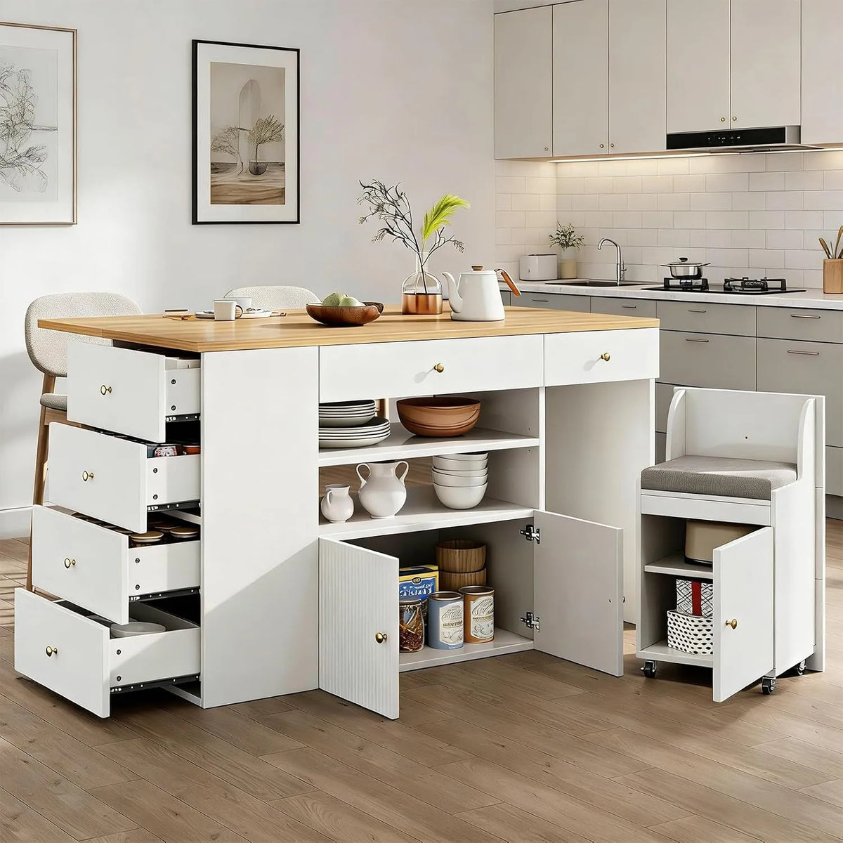 Schrank x89, Verstellbar 140x40, 70, cm, Küchenschrank mit 6 Schubladen und Hockern, DRIXNO Kücheninsel mit Arbeitsplatte, Stabil, Weiß