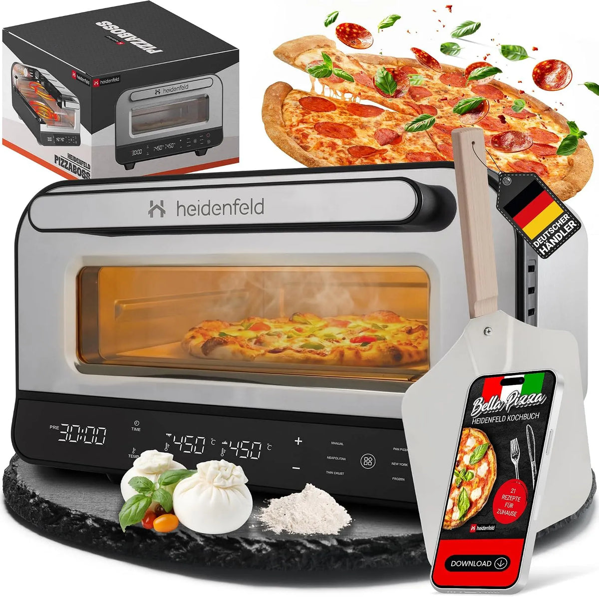 Backofen, 1850 Watt bis 450°C, Heidenfeld Pizzaofen, inklusive. Pizzastein & Pizzaschieber, Pizzaofen elektrisch, Pizza Ofen, Pizza Maker, Steinofen
