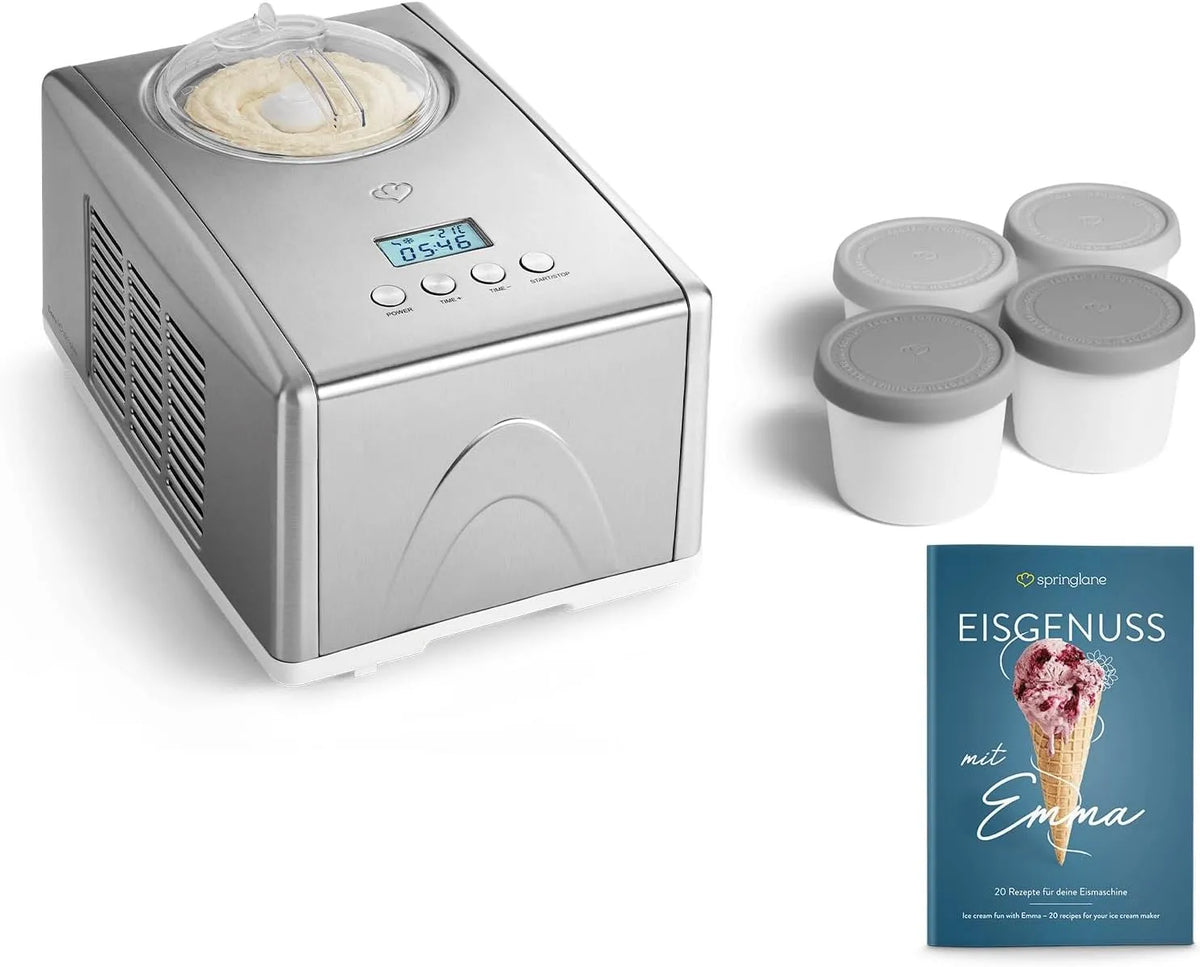 Eismaschine SPRINGLANE, Emma 1,5 L mit selbstkühlendem Kompressor 150 W, Emma Silber + 4 Eisbehälter Mini 400ml Farbe Grau, inklusive. Rezeptheft