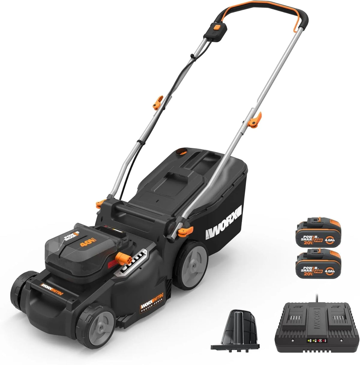 Worx Rasenmäher WG737E 2x20V 20-70mm, Nitro Akku 40V, 37cm Schnittbreite, 6 Schnitthöhenstufe, Fassungsvermögen 40L Grasfangsack