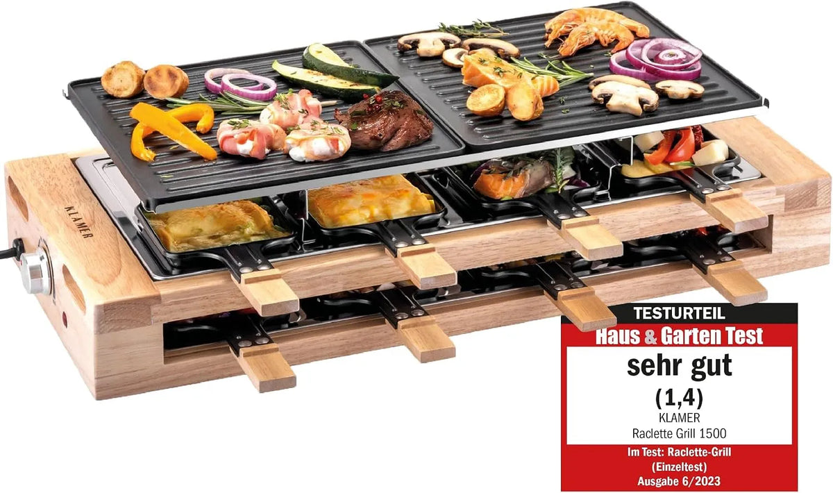 Grill KLAMER Raclette, 1,4, ', stufenlos regelbar, Test 'Sehr gut, 8 Personen 1500 W mit Holzgestell & Parkdeck, Alu-Druckguss-Grillplatte antihaft