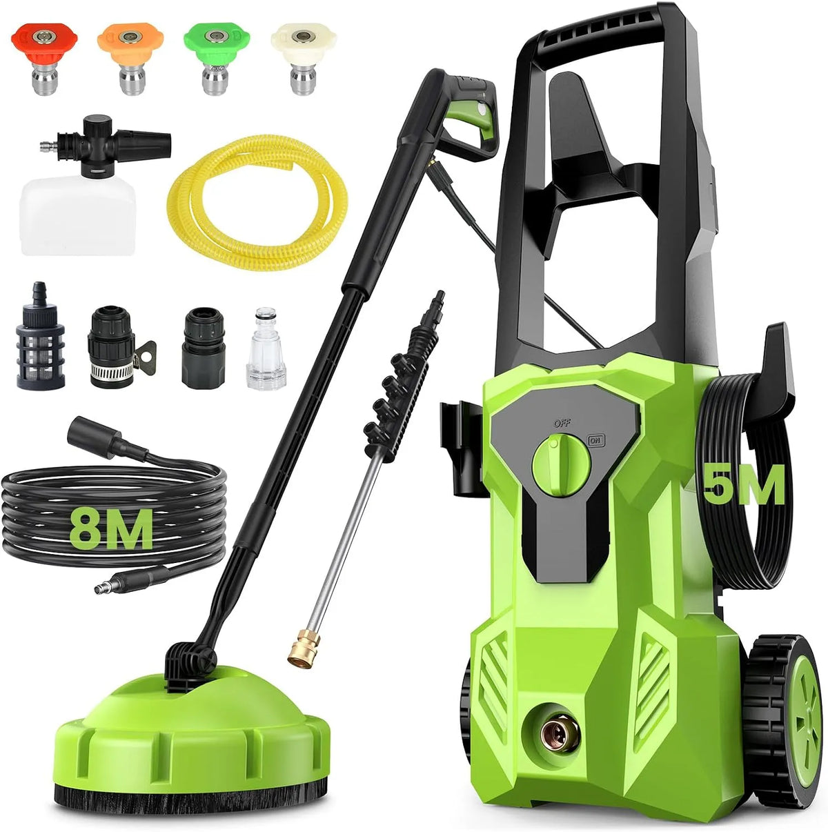 Hochdruckreiniger 2-IN-1Elektrischer, 135 Bar 2000W Bürstenloser mit 8 Schlauch 500L, 500L/h, h,4 Düsen, 0°-40°, Fassungsvermögen 500L, Zaun, Außen
