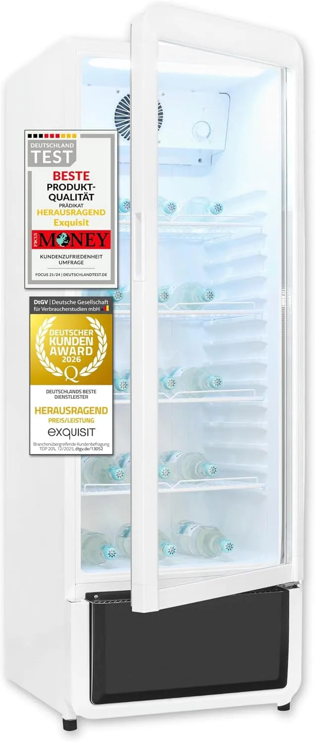 Exquisit Kühlschrank GKS5220-GT-431D, 4 verstellbare Ablagen, Umluft, weiss, Fassungsvermögen 240l Getränkekühlschrank mit LED, Glastürkühlschrank