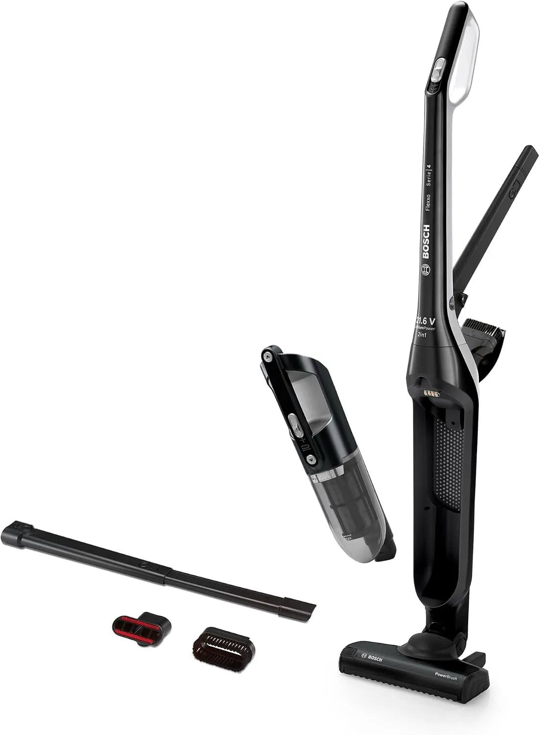 Bosch Akku-Staubsauger 2in1 BBH32101, beutellos, Lange Laufzeit, Fugendüse, in Schwarz, Flexxo Serie 4, kabelloser Handstaubsauger, Kurze Ladezeit