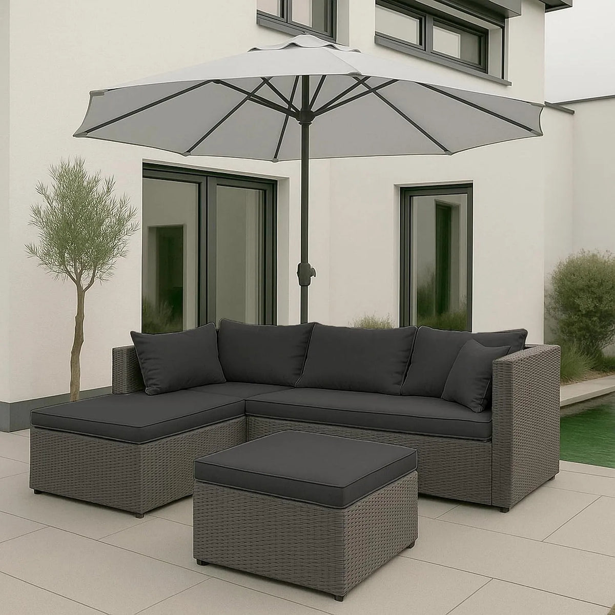 Sofa HWC-O46, Mendler Poly-Rattan Garnitur, Balkon, Garten, Lounge-Set Sitzgruppe, Farbe Grau Polster dunkelgrau
