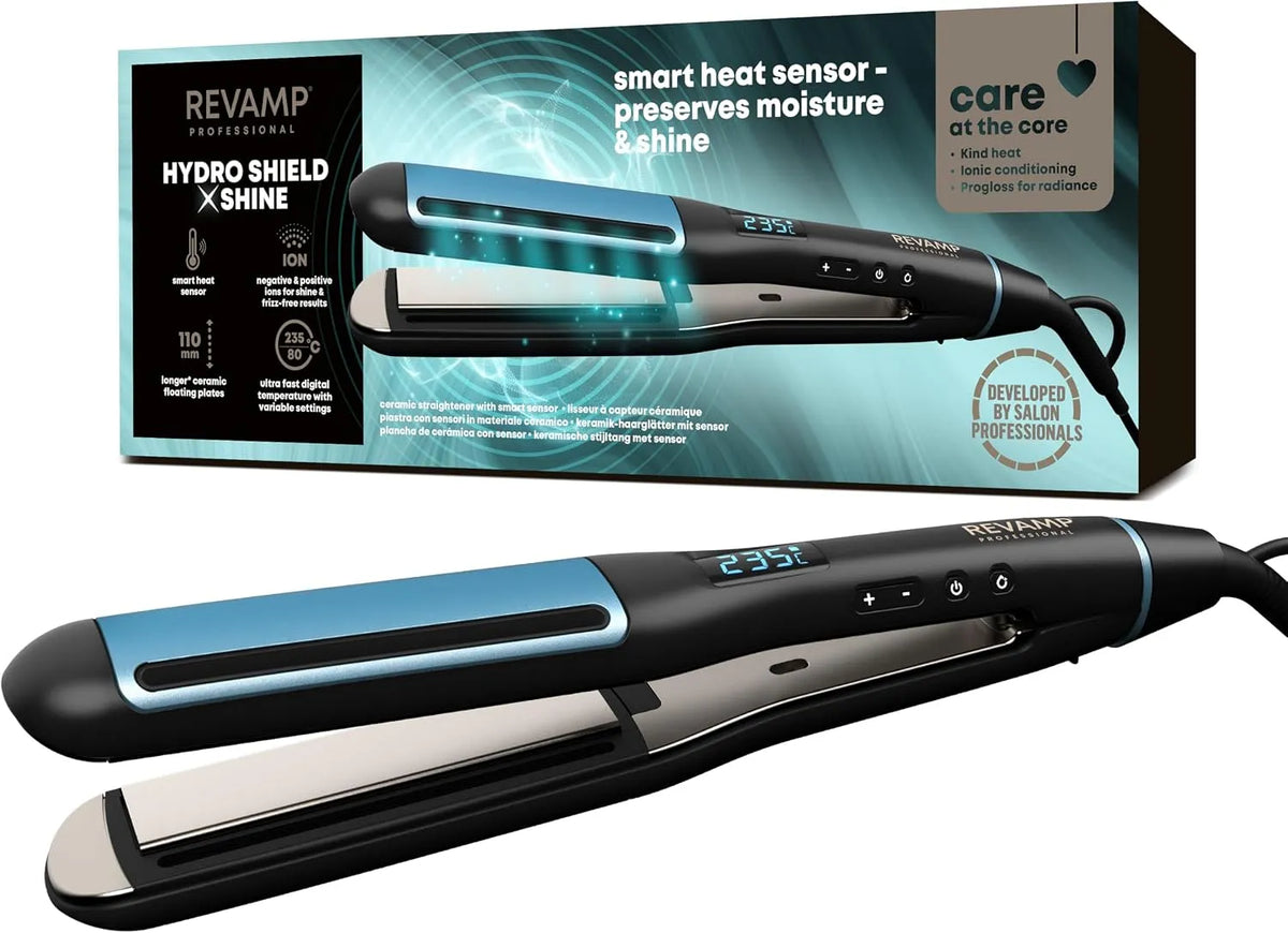 Shield X Shine Keramik-Haarglätter REVAMP Hydro, 4 Ionendüsen, Smart-Sensor-Hitzeschutz, Lange Platten für schnelles Styling, Glätten