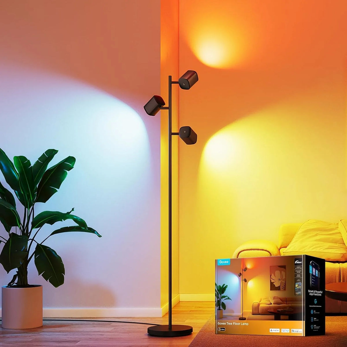 Modell Govee 3-Flammen LED Stehlampe 1500lm, 157cm Stehlampen in Schwarz für Wohnzimmer, 64+ Szenen, Matter Alexa Kompatibel, Musik Sync