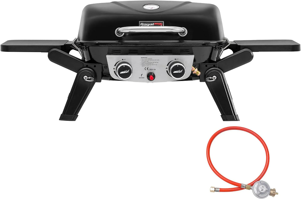 Gasgrill, Royal Gourmet 2-Brenner Tragbarer, Leistung 5 kW Tischgrill mit klappbaren Seitentischen, portabler BBQ Grill für Balkon, Terrasse