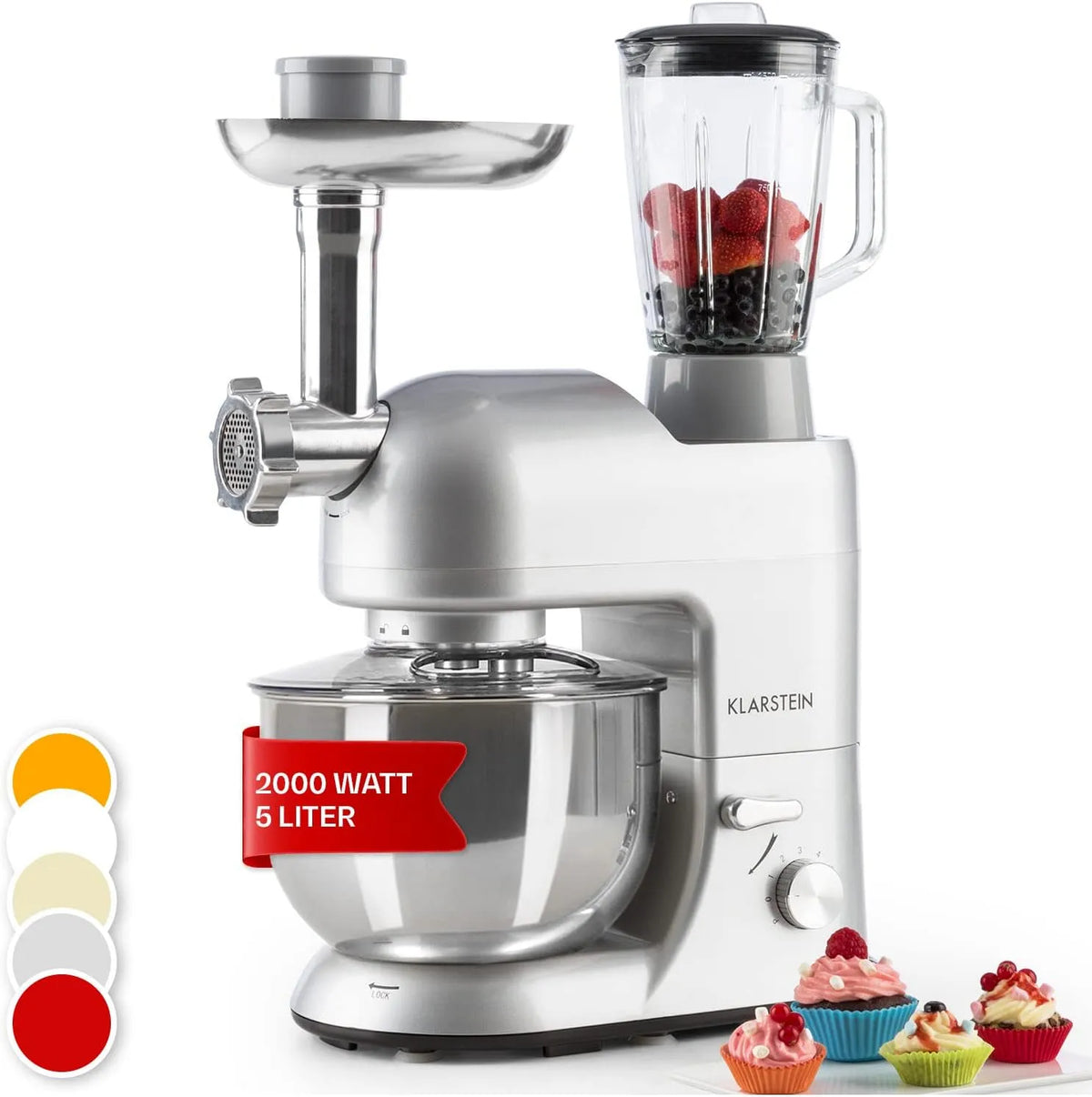 Klarstein Küchenmaschine, 6 Stufen, Schneebesen Rühr- & Knethaken, Rührmaschine mit Mixer, Leistung 1800W Teigmaschine Klein, Planetenrührwerk