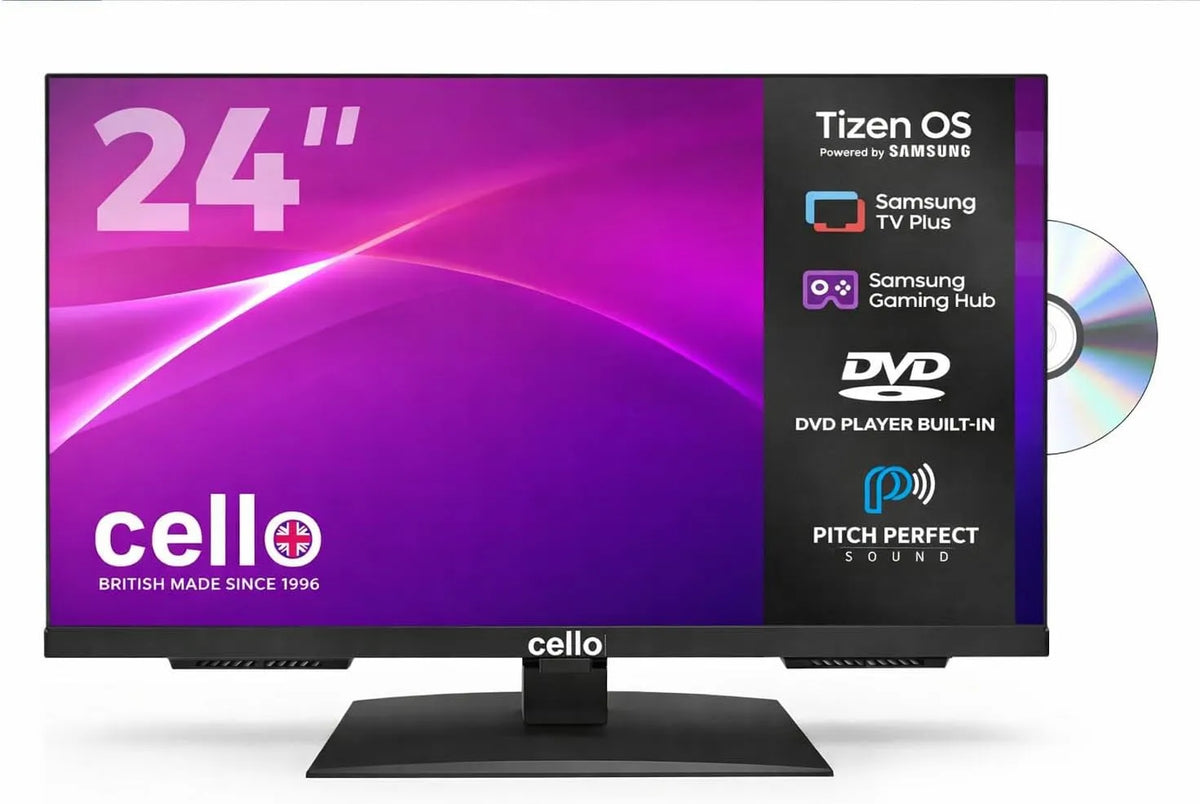Samsung Modell C2426TZF, Cello 24' Smart LED TV, DVD mit Tizen OS von, Gaming Hub, Pitch Perfect Lautsprecher, Bluetooth, Triple-Tuner
