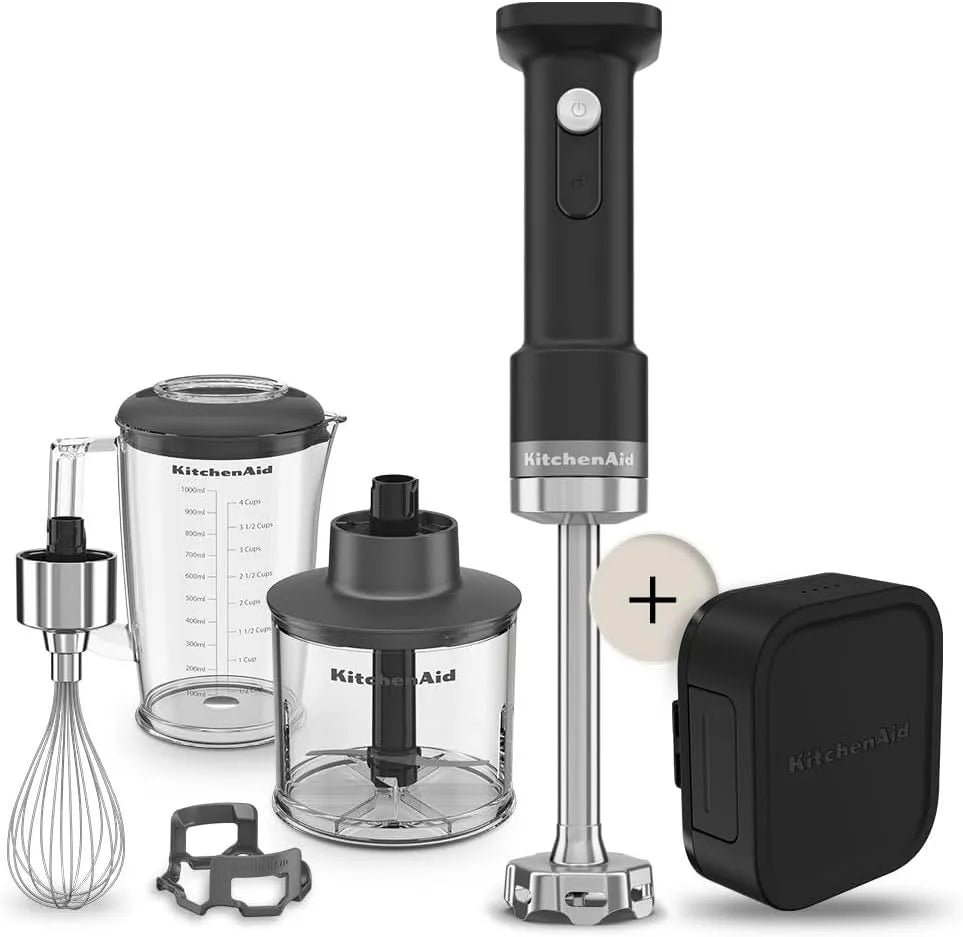 KitchenAid Kabelloser Stabmixer, Schneebesen und Zerkleinerer, Edelstahlklingen, in Schwarz, Fassungsvermögen 1L BPA-freier Becher, Go Cordless