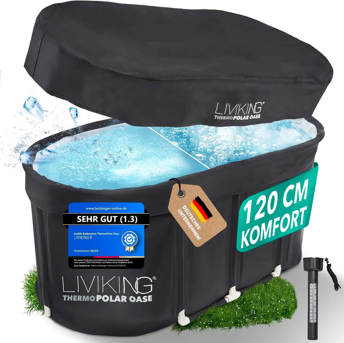 Modell Faltbare Badewanne Erwachsene 2in1 Eisbad +, Breite 120 cm, Mobile Badewanne Outdoor & Eistonne, KOMFORT KOMPLETTSET, Eisbaden Tonne