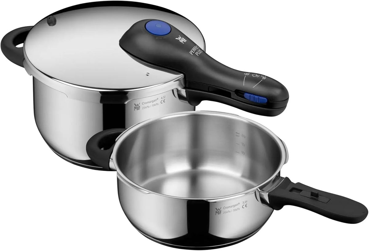 WMF Perfect Plus One Pot Schnellkochtopf Set Induktion 2-teilig, 2 Kochstufen, Dampfkochtopf 4,5l + 3l, abnehmbarer Deckelgriff, großes Kochsignal