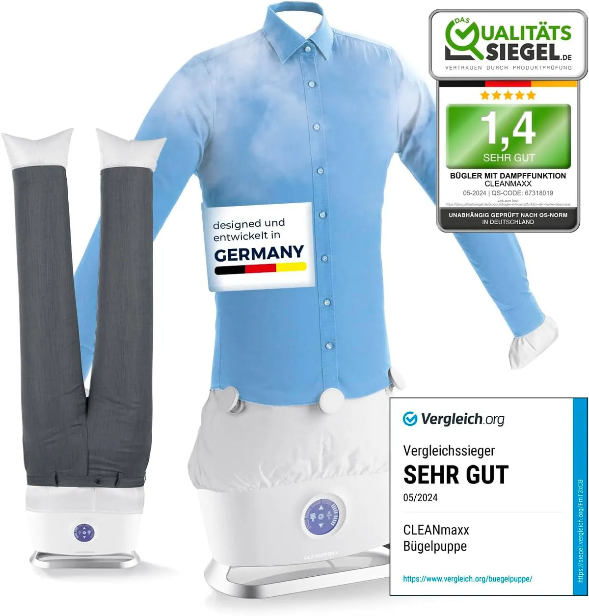 Wäschetrockner, CLEANmaxx automatischer Hemdenbügler mit Dampffunktion inklusive Hosenaufsatz, Innovativer Bügler für Hemden & Blusen, Bügelautomat