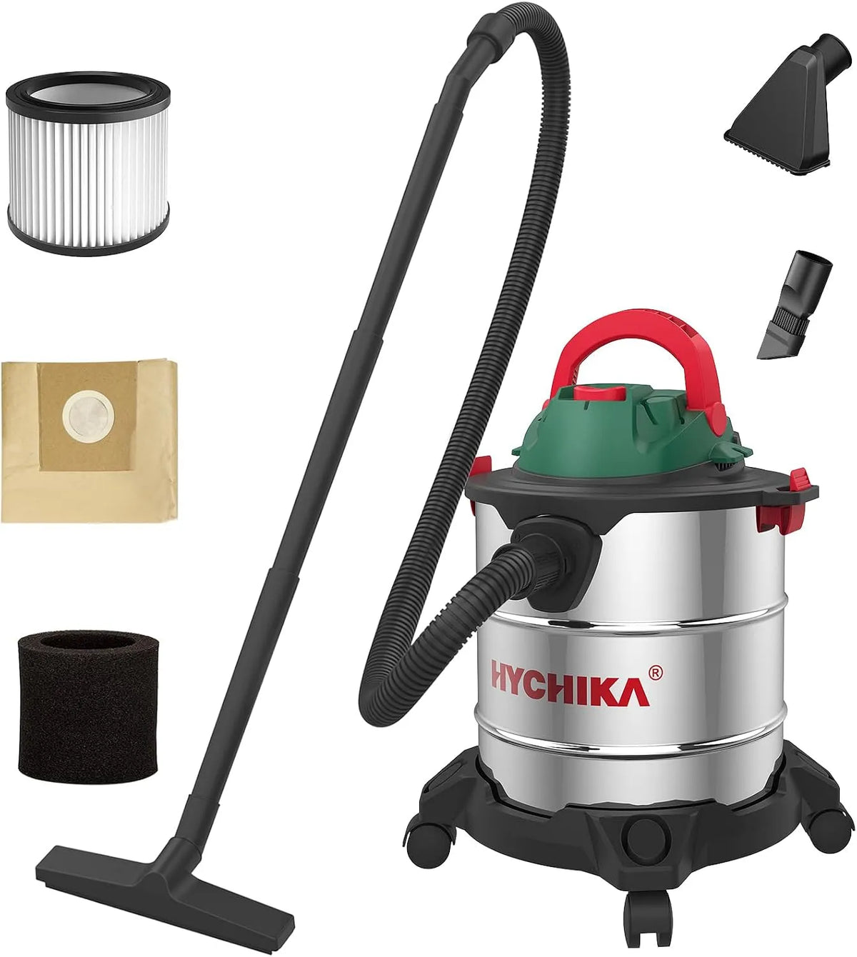 Nass- und Trockensauger HYCHIKA, Leistung 1200W Industriestaubsauger 20L Edelstahlbehälter, Blasen