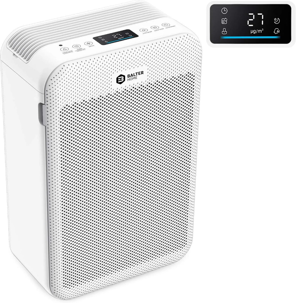 Luftreiniger LR-02 H13 60m2 Balter, 5 Fach Filter mit HEPA, CADR 360m³, 360m³/h, Modell 360m³, LCD Farb Display, Luftqualitätssensor, Weiß