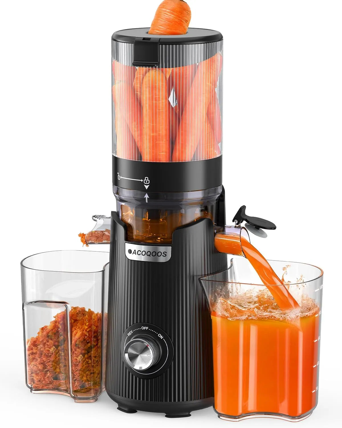 Entsafter ACOQOOS, Fassungsvermögen 1,8 L Füllvolumen, Breite und Größere Fütterungsröhre, Obsidianschwarz, für Ganze Gemüse und Obst 135mm