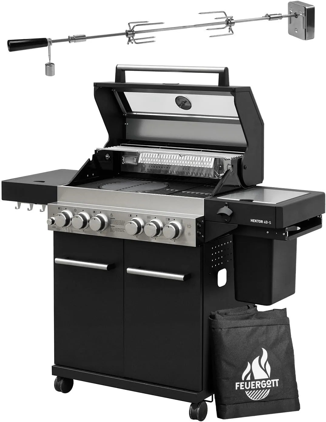 Gasgrill 4B-S, Hektor inklusive. Drehspieß und Abdeckhaube mit 4 Brennern, Sear-Brenner, Gusseisen-Grillrost, Heckbrenner, Seitenkocher