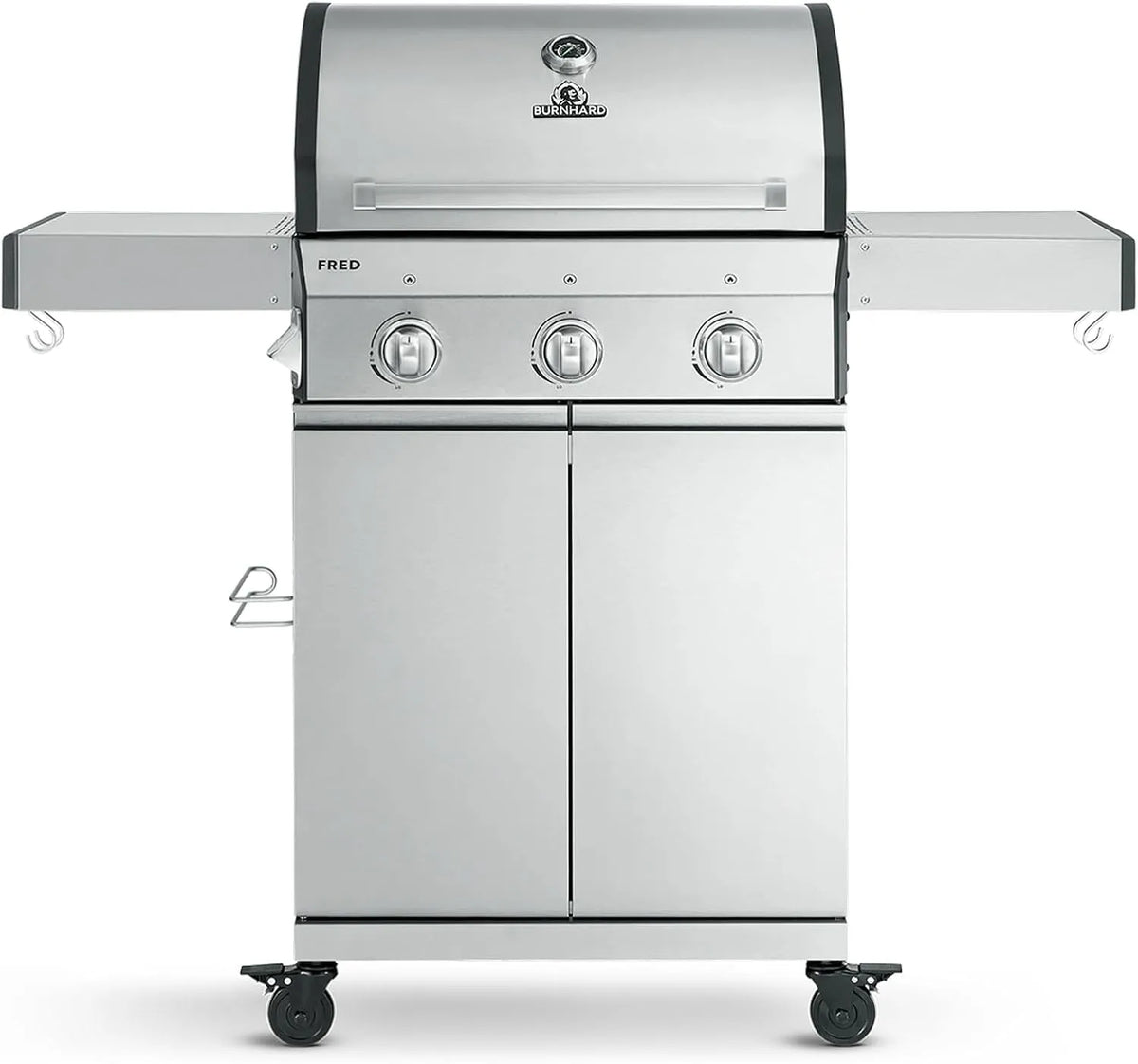 Gasgrill BURNHARD, Edelstahl-Grillwagen, 3-Brenner Edelstahl-Grillrost, Grillabdeckung, FRED Basic, klappbare Seitentische