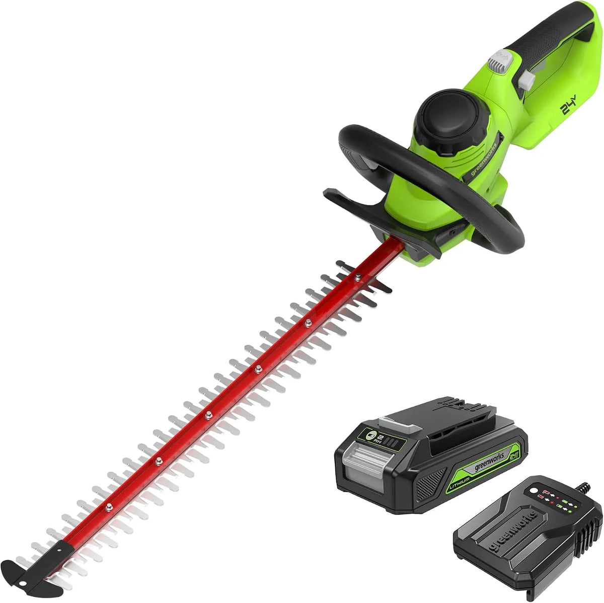 Greenworks Heckenschere GD24HT61K2 3200 3-Jahres-Garantie, Akku-Bürstenlose 24V, 61cm Dual Action Klinge