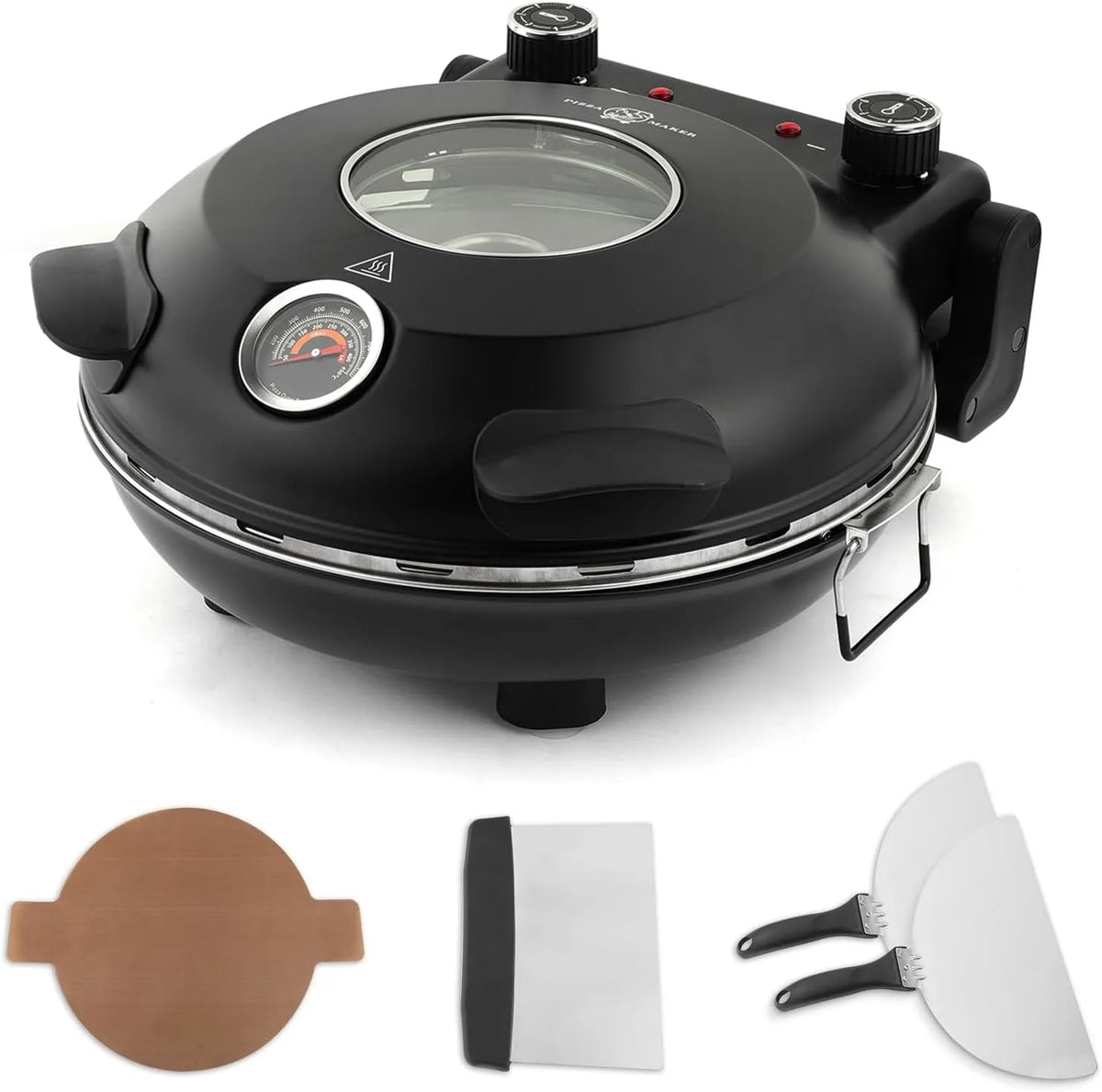 Pizzaofen 420 °C KLAIF Elektrischer, 31 cm Keramik-Pizzastein, inklusive. 4-teiligem Pizzazubehör-Set, Modell LMR-in Schwarz, Leistung 1200 W