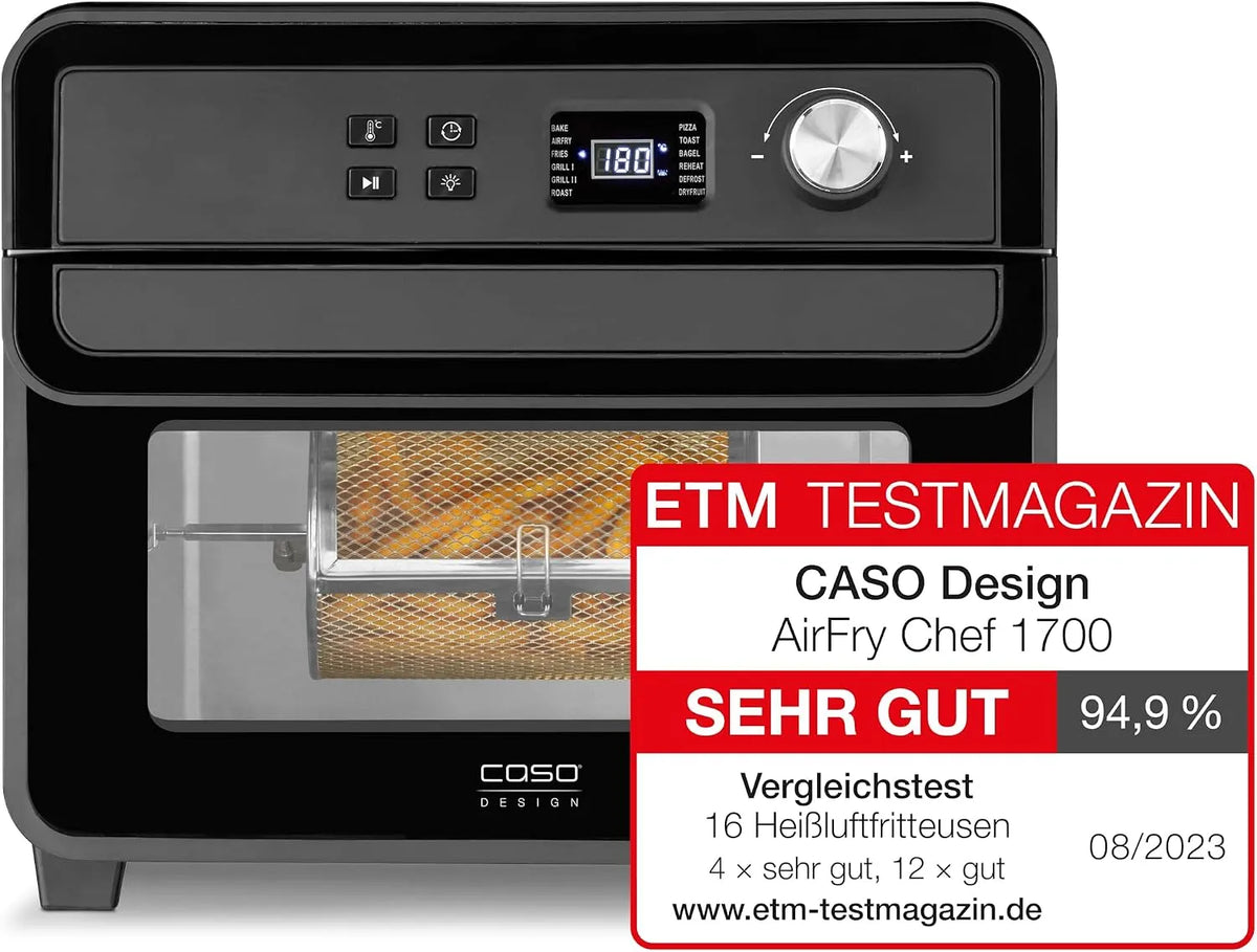 Caso AirFry Chef, 3 Einschubebenen 1700, Temperaturbereich 40 °C bis 230 °C, 5°C Schritten, Design Heissluftfritteuse, Testurteil: Sehr Gut, Timer