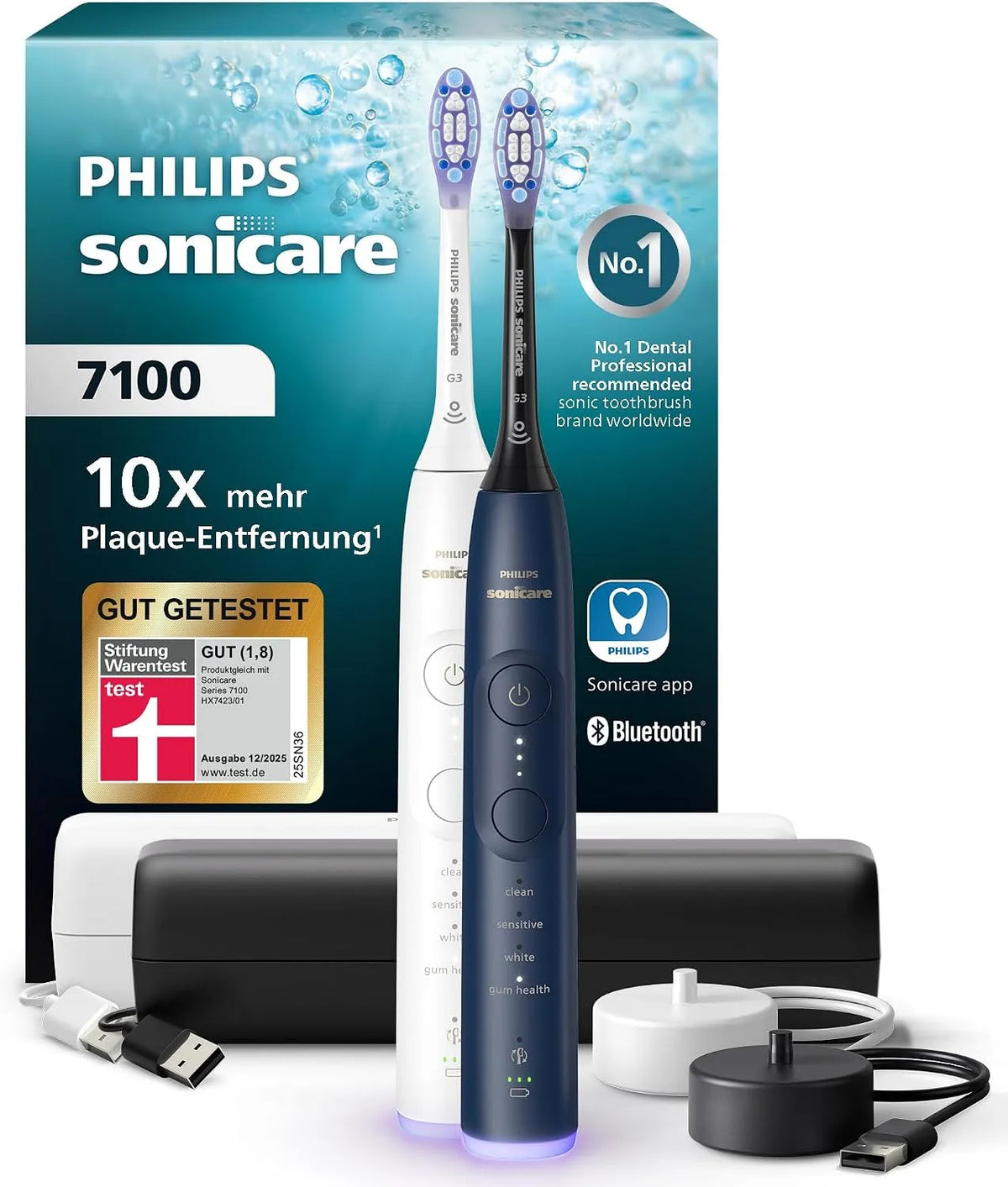 Philips Modell, Sonicare elektrische Zahnbürste 7100 2er HX7429/01, Schallzahnbürste mit App, 4 Putzmodi und 3 Intensitätsstufen, EasyStart, Pack