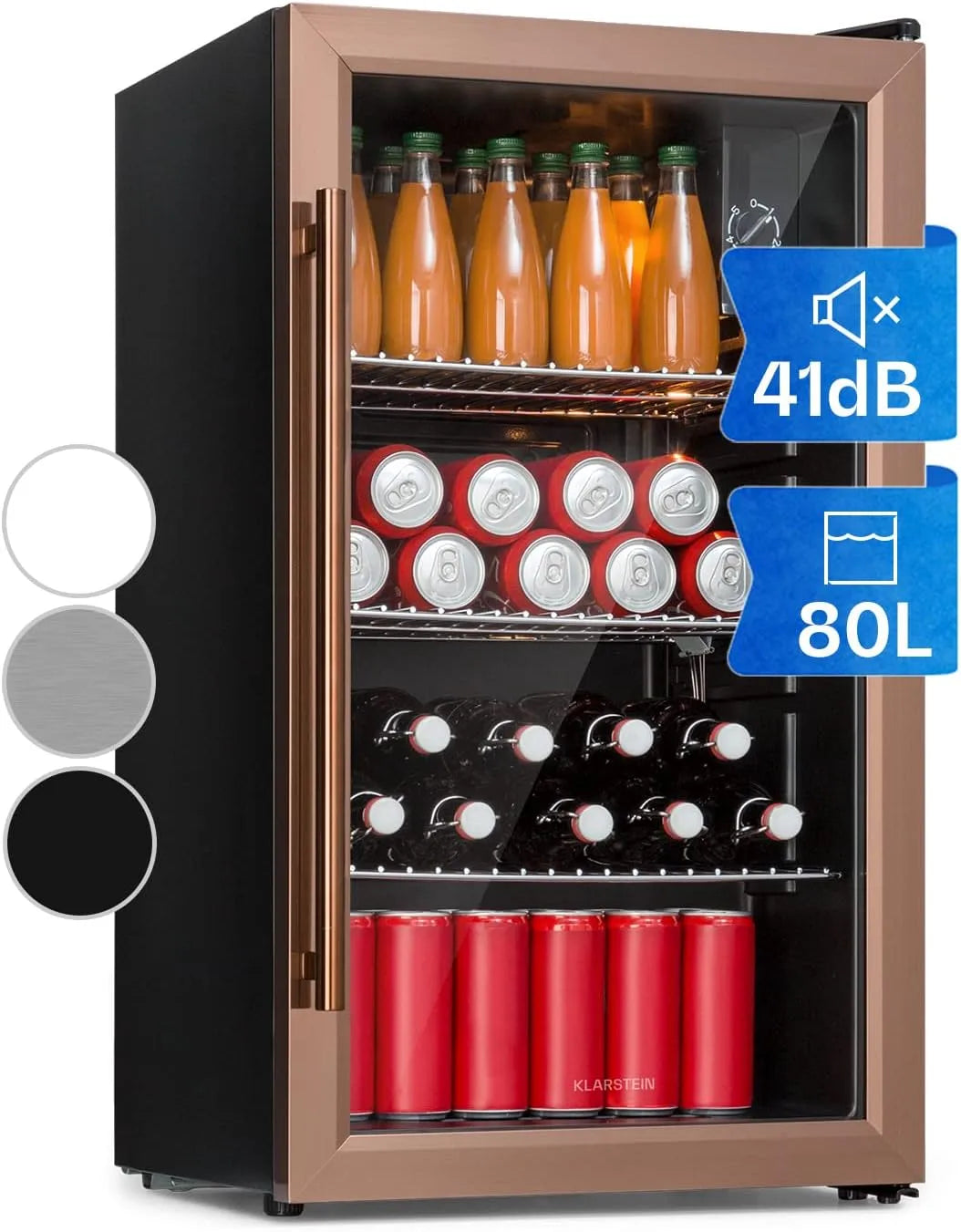 Klarstein Kühlschrank, Getränkekühlschrank Klein mit 3 Ablagen, Fassungsvermögen 80L, 3-10°C, XXL Mini mit Glastür & LED, für Zimmer, Indoor, Outdoor