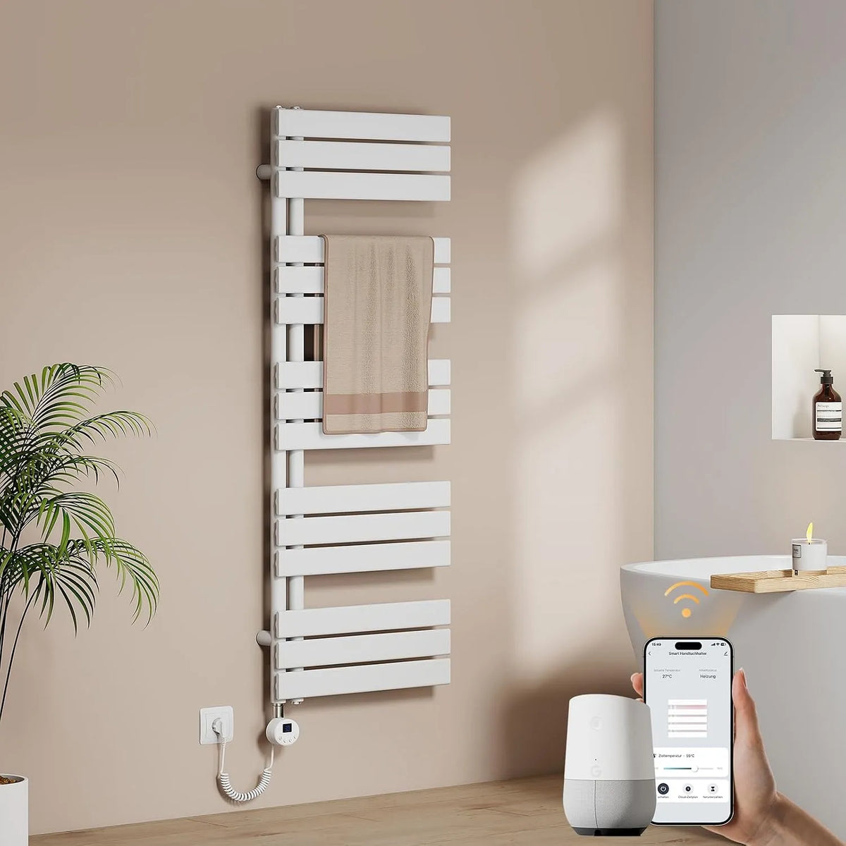 Handtuchheizkörper Elektrisch 1320x500 mm EMKE WiFi, Leistung 800W, mit Thermostat und Heizstab, Weiß, Flach Badheizkörper Elektrisch