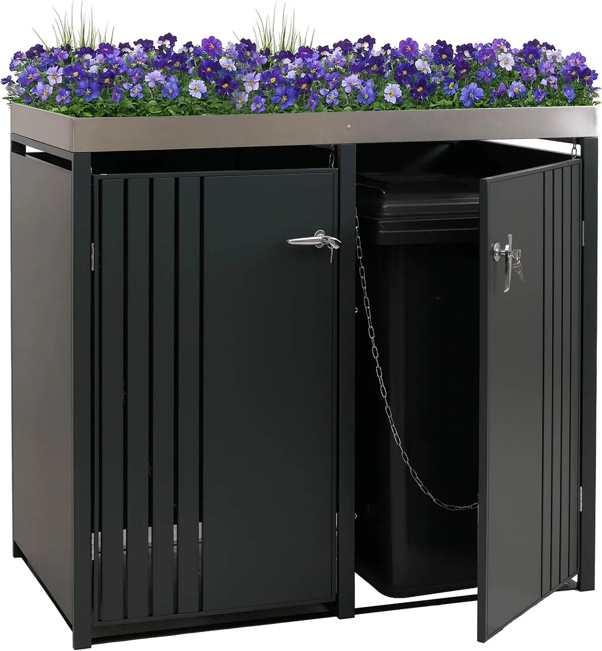 Modell 2er-Mülltonnenverkleidung HWC-O67 Mendler, Metall 125x132x84cm 55kg, Mülltonnenbox mit Pflanzkasten, anthrazit