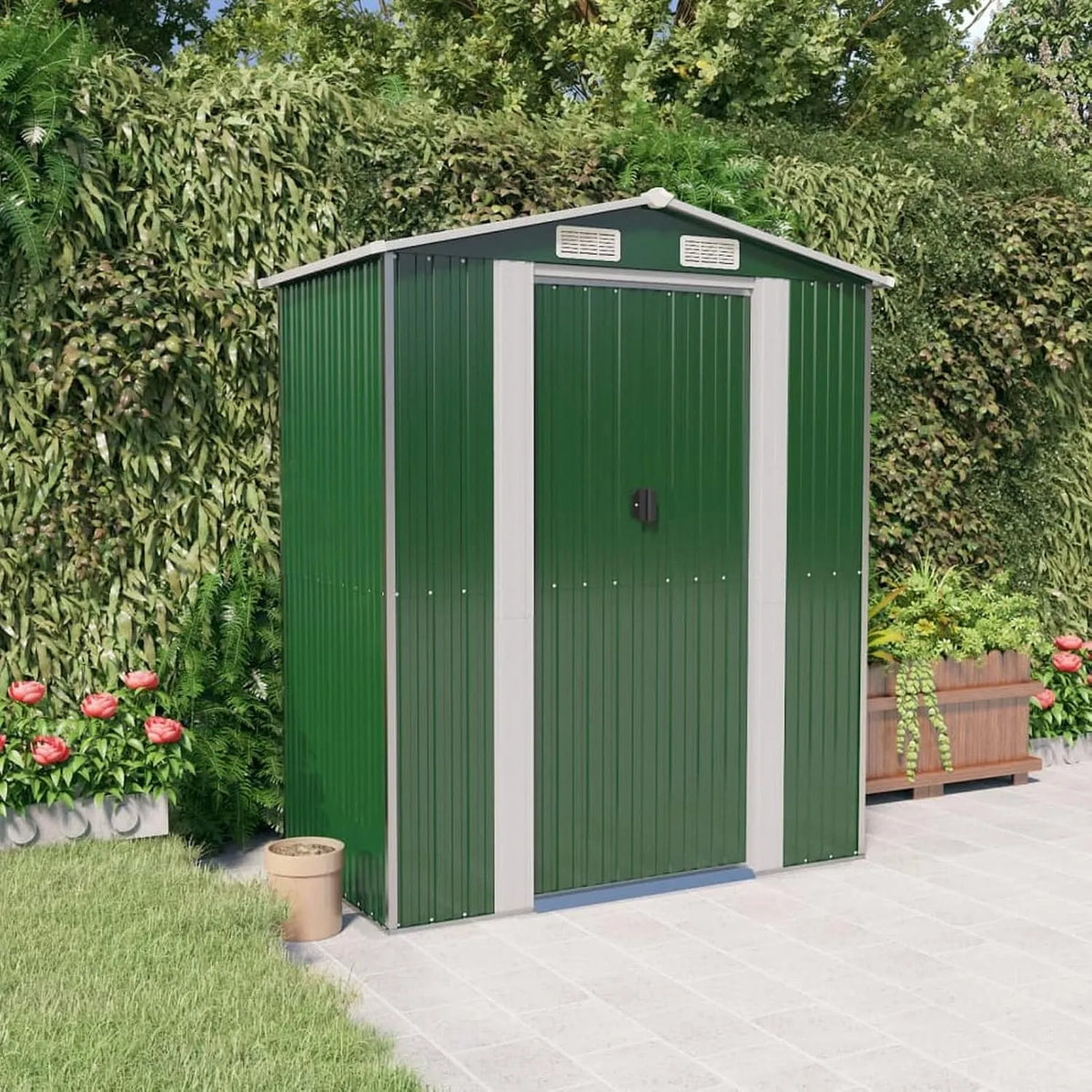 Geräteschuppen, Grün 192x108x223 cm Verzinkter Stahl, Fahrrad Unterstand, Gerätehaus, Fahrradgarage, Gartenhütte, Gartenhäuschen