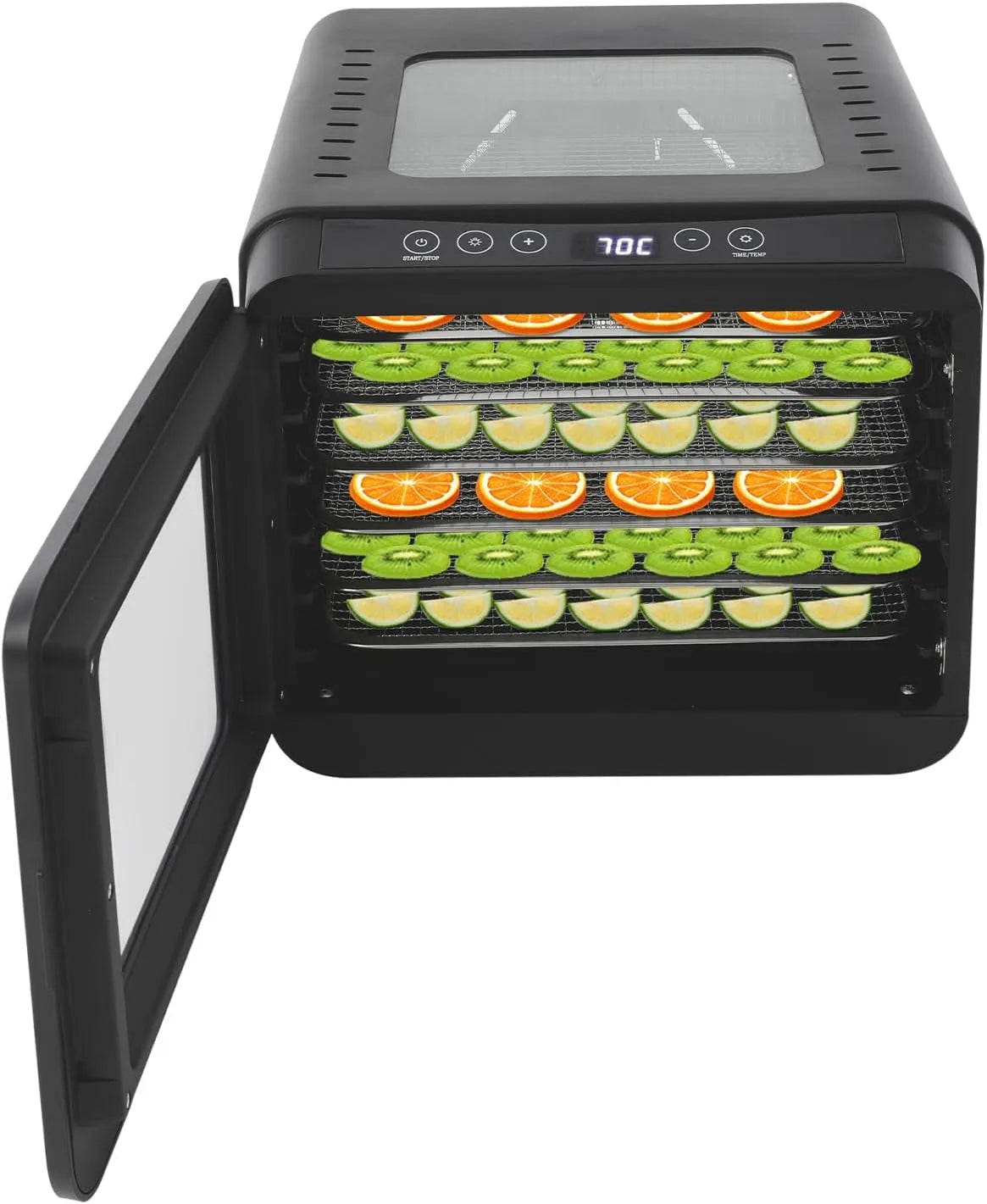 Modell Food Dehydrator mit & Temperaturregler 35-70°C 72-Stunden-Timer Dörrautomat Dehydrator, 6 Edelstahlschalen, Dörrfläche 0,2 m², Gemüse & Fleisch