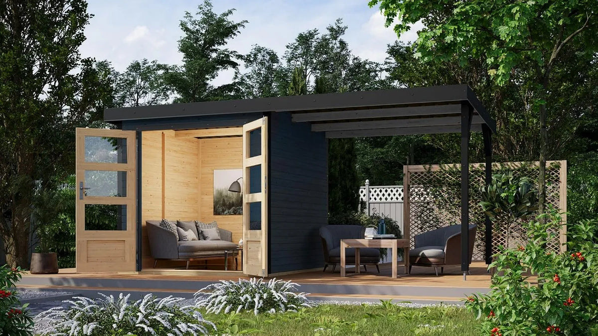 Gartenhaus, Hollywood inklusive. Fußboden optional mit Anbau Gartenlaube Geräteschuppen Gartenhütte, Anthrazit mit Anbau