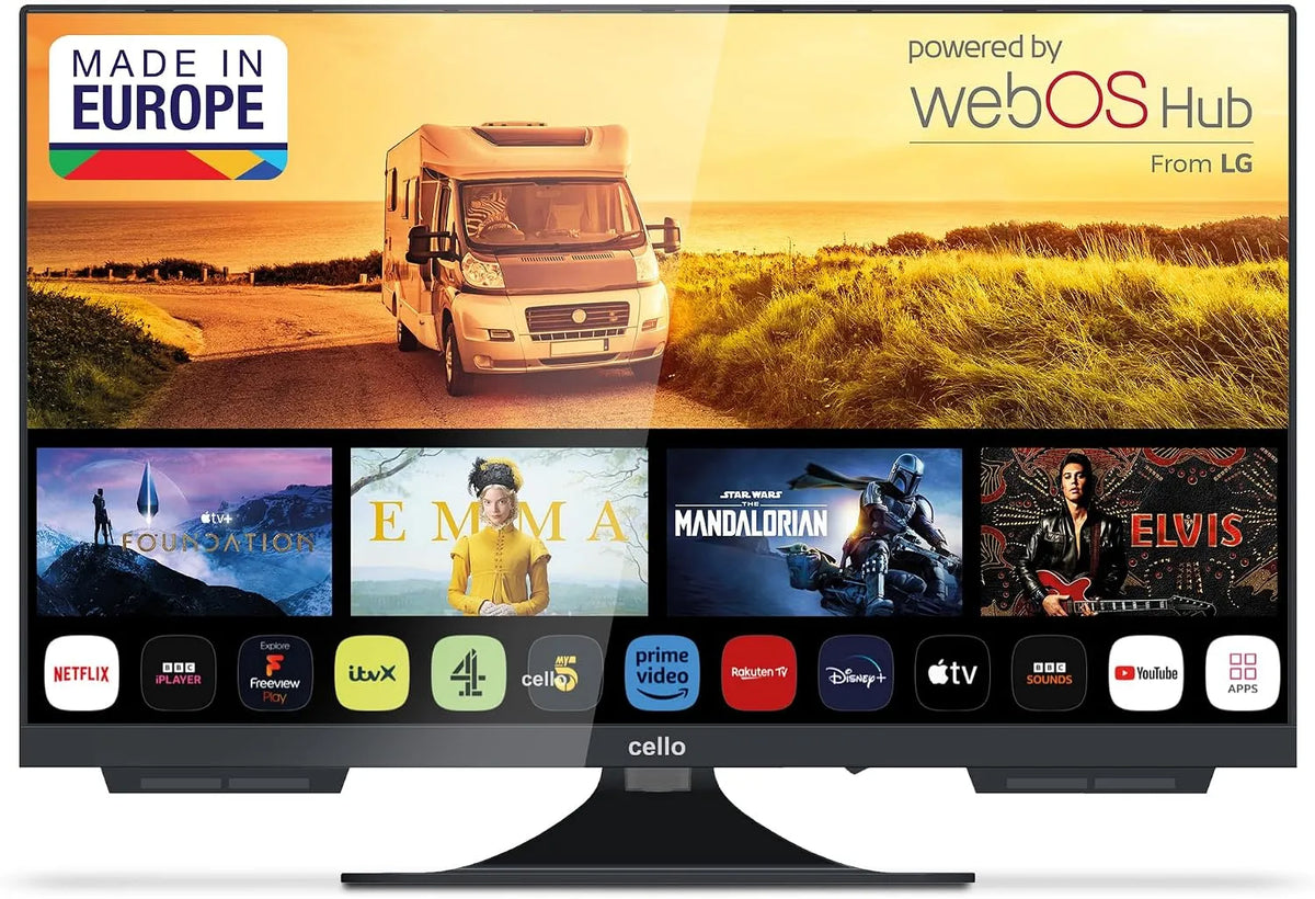 Modell HD HD C2424WS DVB-T2 HD/DVB-S2 Cello, 24 Zoll 12V, Spannung 12 Volt Smart Fernseher für Wohnmobil & Wohnwagen, Netflix, Bluetooth