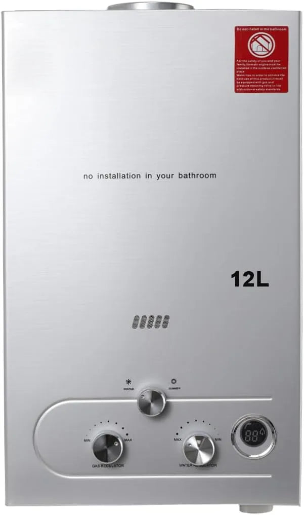 Warmwasserbereiter, mit Plating-Duschkopf-Set, Silber, Gas Durchlauferhitzer,12L LPG 24KW Instant Heißwasserbereiter Flüssiggas