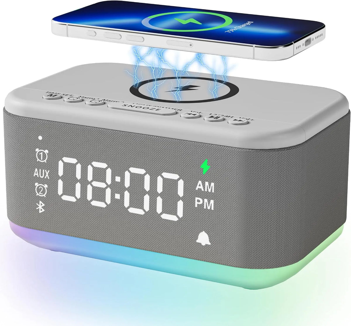 Wecker, Lautsprecher, digitaler, Bluetooth, Licht, Schlummerdimmer, USB, 12, 24 Stunden, kabelloses Ladegerät