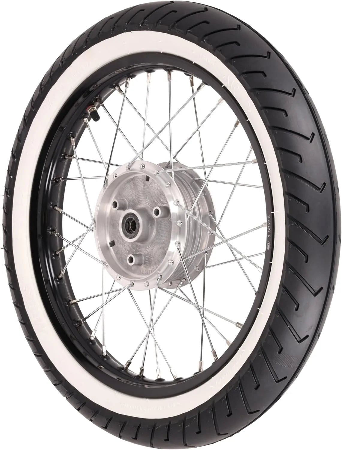 Modell MC2 Komplettrad, 1,5x16 Zoll, HINTEN, Chromspeichen, Alufelge in Schwarz eloxiert und poliert, MITAS-in Weißwandreifen montiert