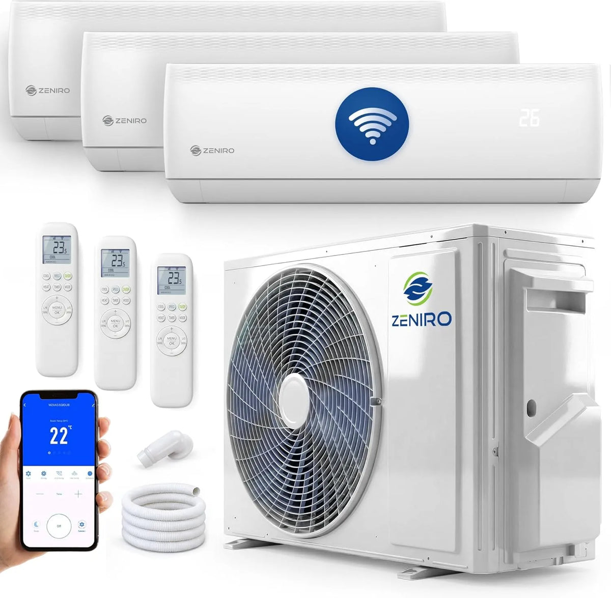 Klimaanlage Multisplit, 3 Innengeräte Set, Klimagerät Air Conditioner mit Heizfunktion 27000 BTU 5,3kW A++ WiFi, 3 x 3,5kW, Modell R32