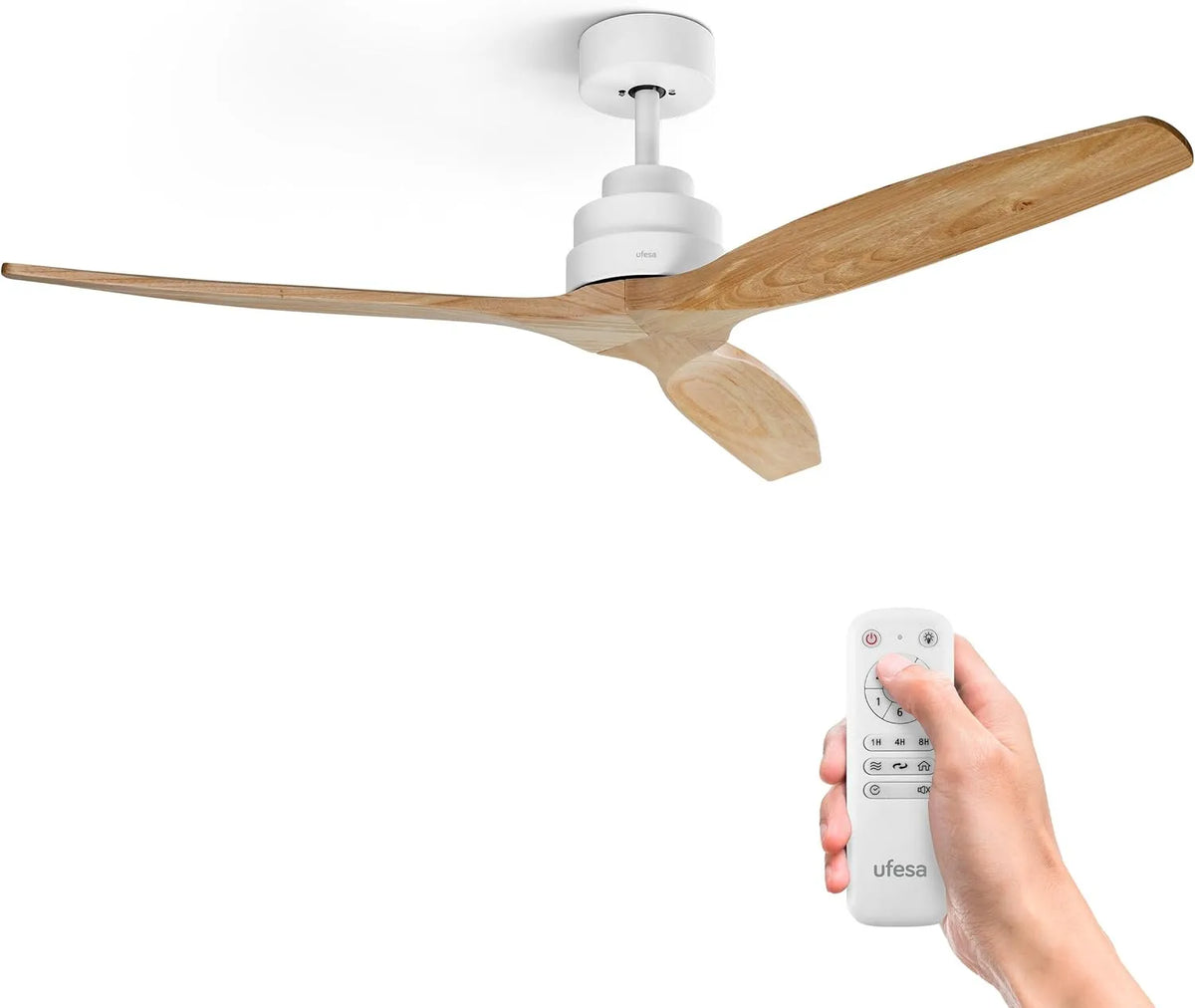 Ventilator, Leistung 40W, 6 Geschwindigkeitsstufen, 3 Naturholzflügel 132cm, 8h Timer, 6 Geschwindigkeitsstufen, Ufesa Deckenventilator, Ultra Silent