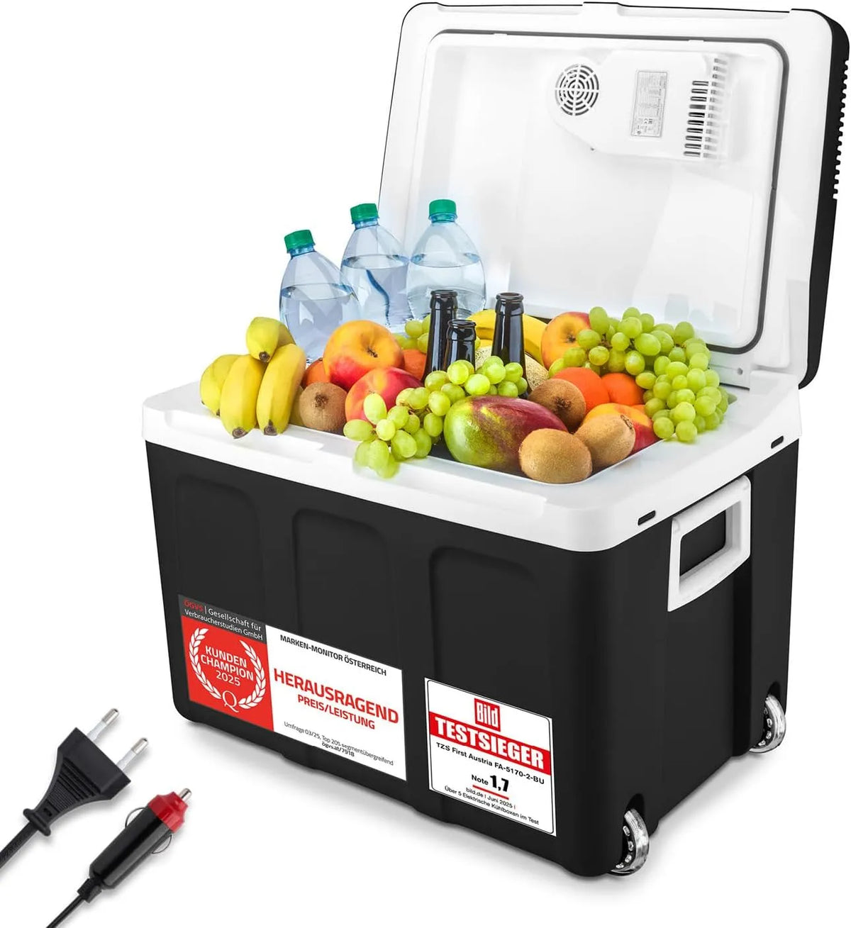Kühlbox TZS First Austria, Mini Kühlschrank mit Rollen, Fassungsvermögen 45L elektrisch 12V 230V Anschluss für Auto & Steckdose, Für Camping, Reisen