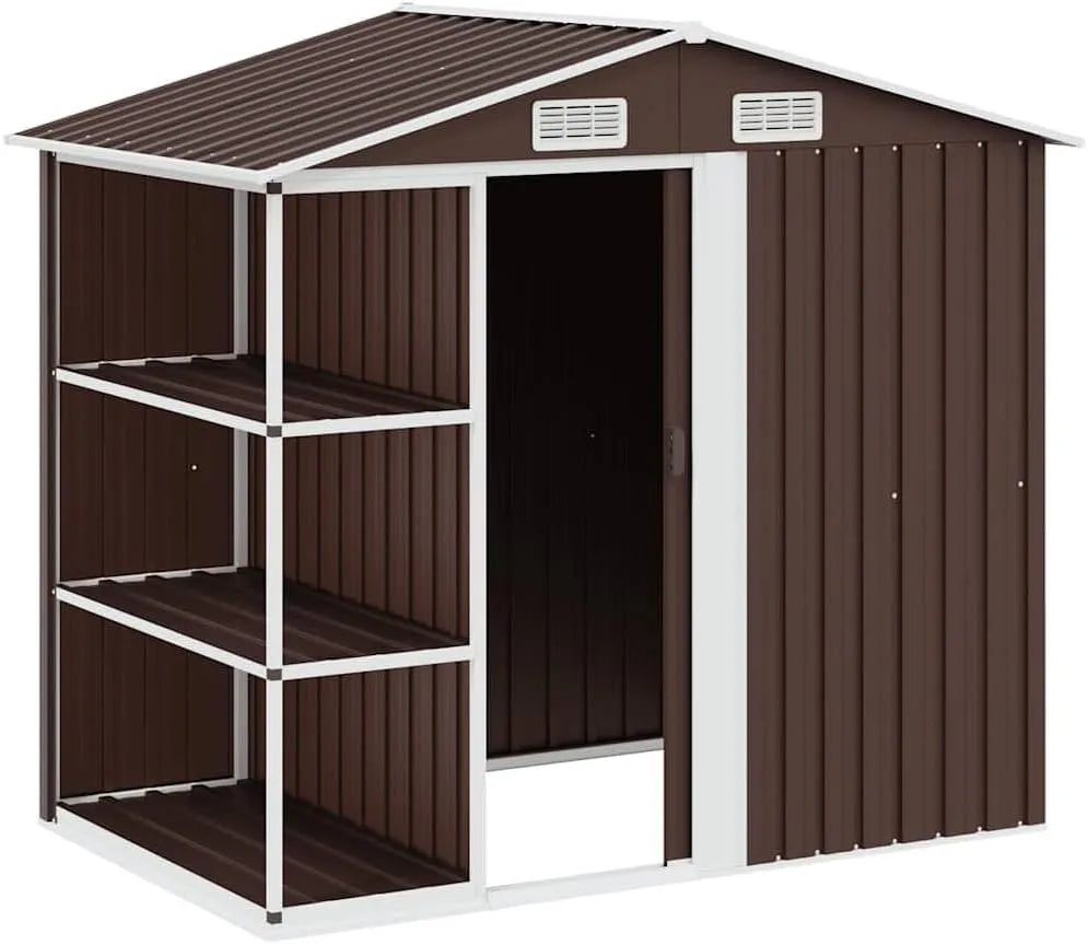 Gartenhaus vidaXL Braun, mit Regal 4 Lüftungsschlitzen Schiebetür Geräteschuppen Gartenschuppen Gerätehaus Garten Schuppen 205x130x183cm Eisen