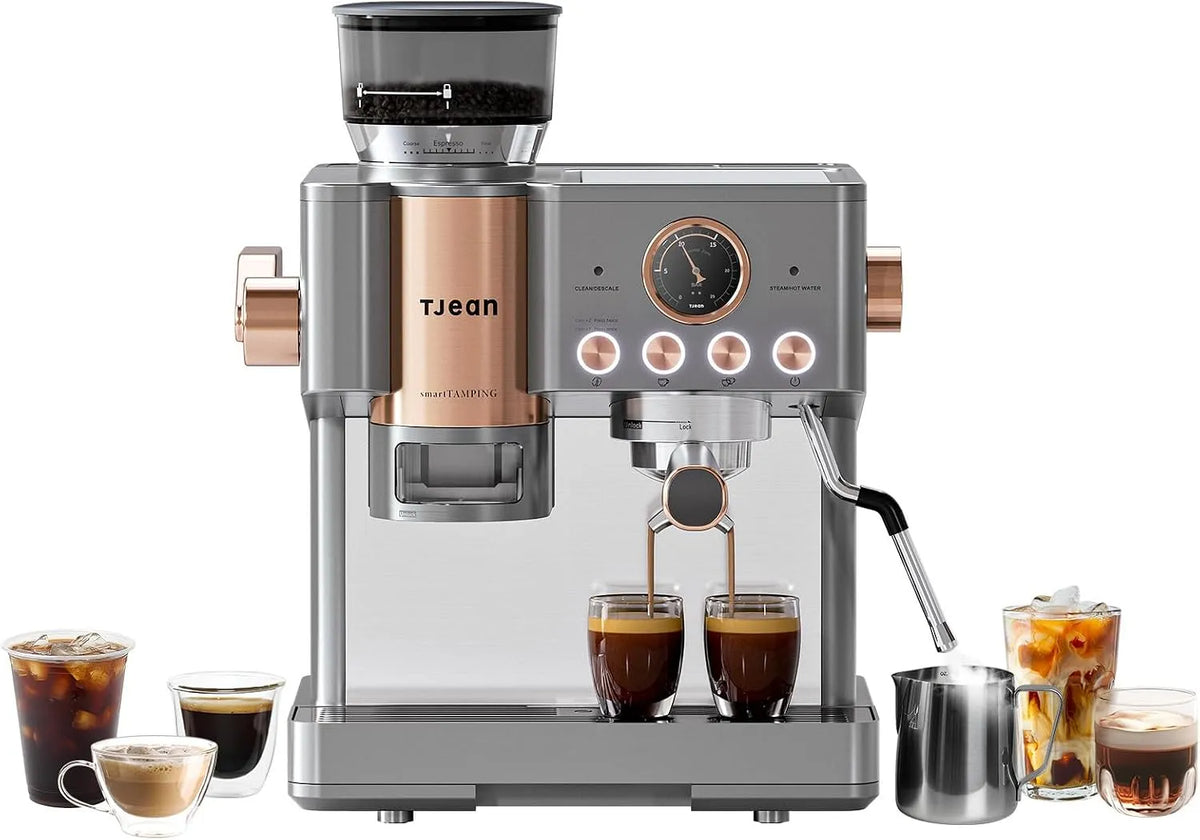 Espresso-Siebträgermaschine, Tjean Barista Senso Doppelboiler, Dampf-Espressomaschinen,20 Bar ital. Drucksystem,2,8L Wassertank, Farbe Grau-Gold